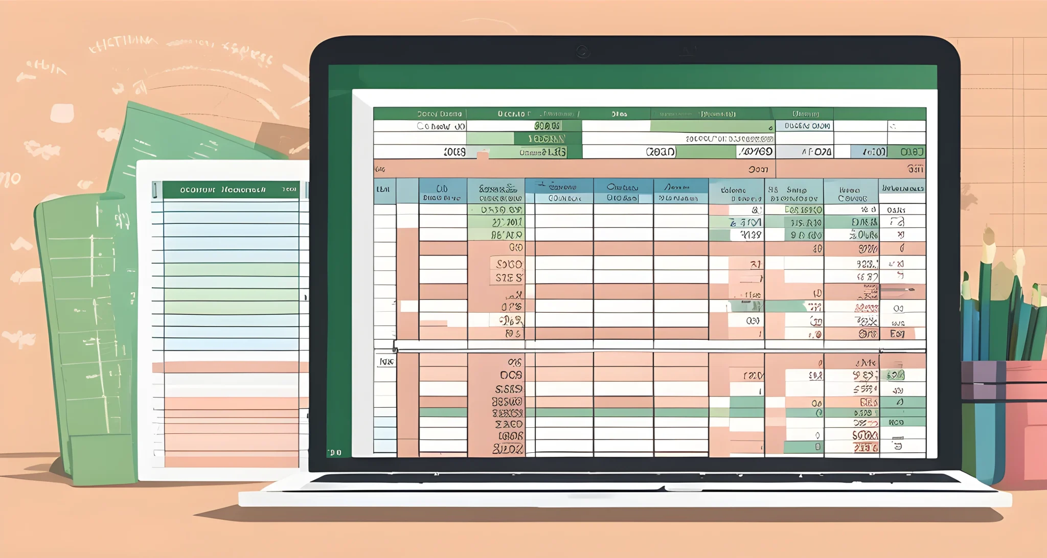 The image shows a laptop with a spreadsheet open, displaying columns and rows filled with budgeting information for a family vacation.