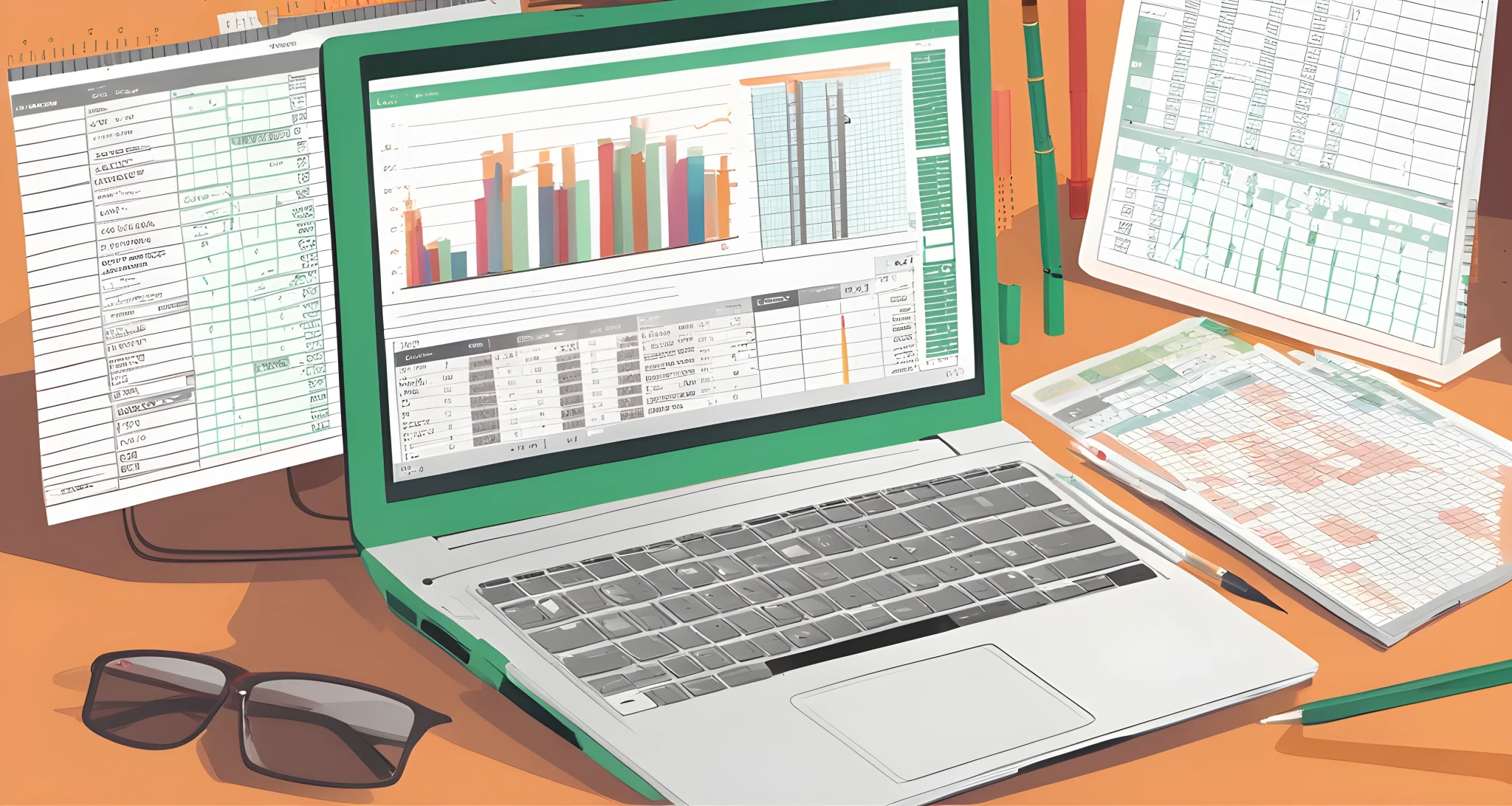 The image shows a laptop with a spreadsheet open, displaying columns of numbers and budget calculations.