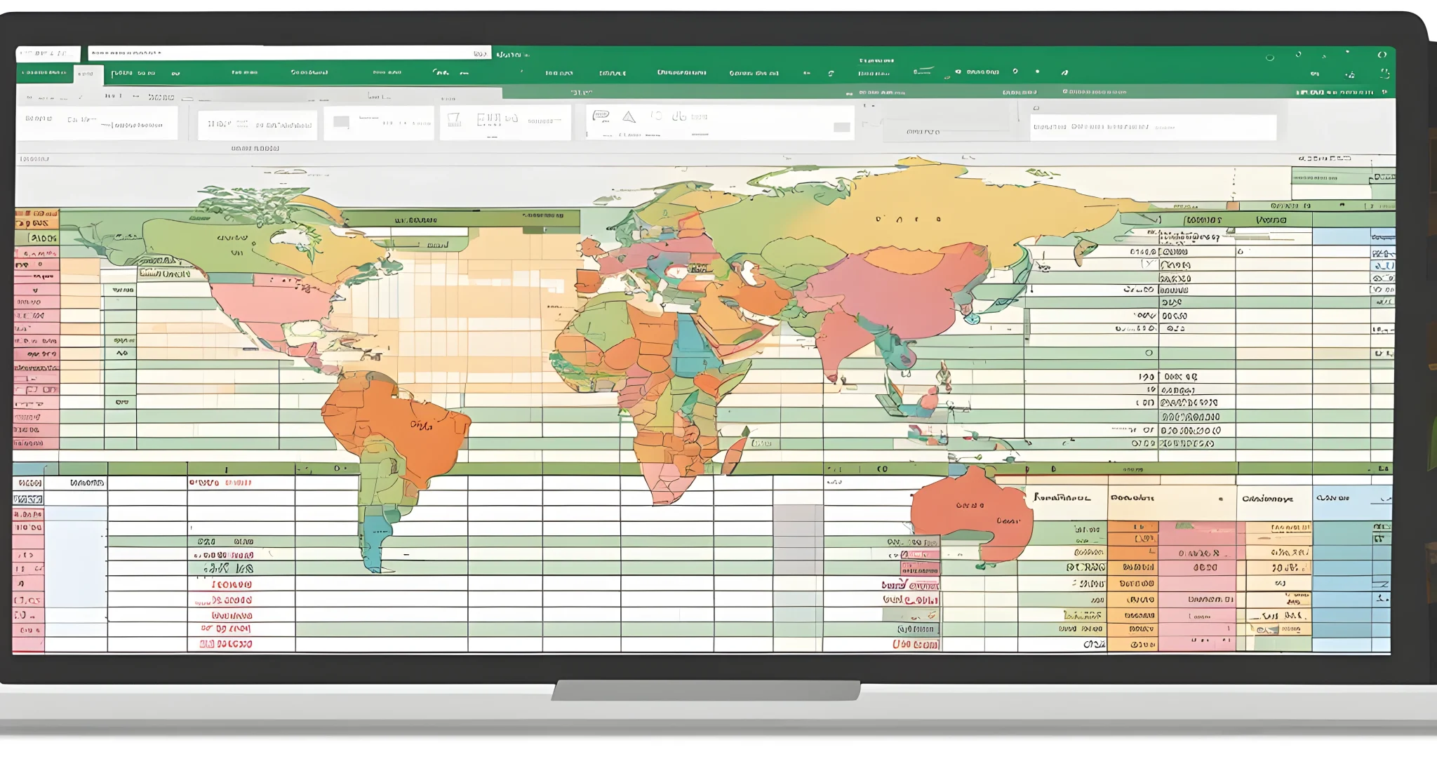 The image shows a laptop with a spreadsheet program open, displaying detailed travel expenses, such as transportation, accommodation, food, and activities.