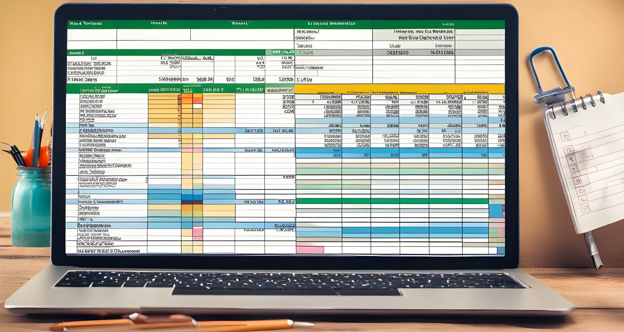 The image shows a laptop with an open spreadsheet displaying detailed travel expenses and budget breakdown for a family vacation.