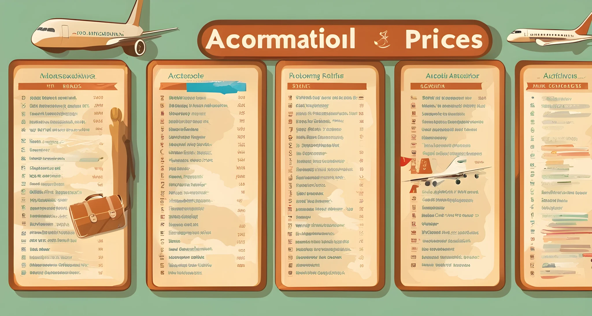 The image shows a list of various travel-related items and categories, such as flights, accommodation, transportation, and activities, with corresponding prices and discounts.