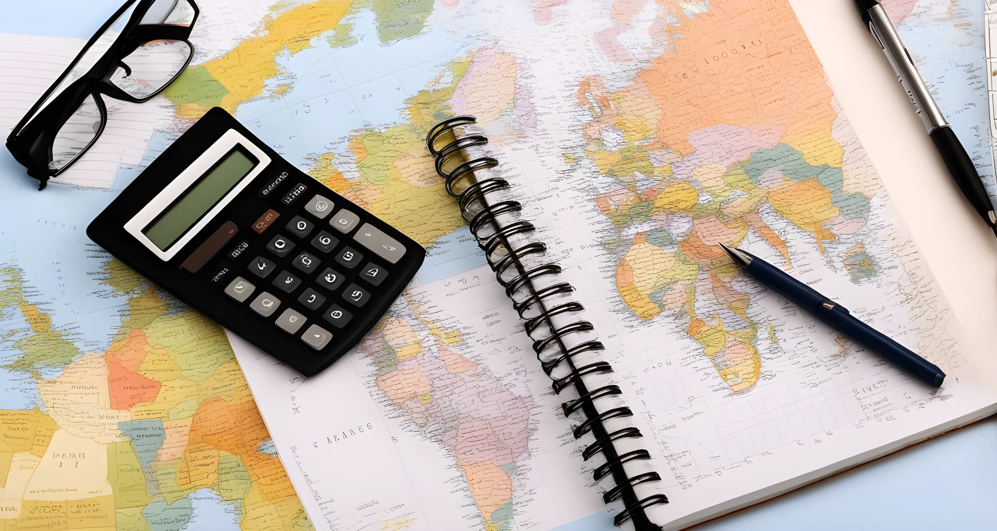 The image shows a map, a calculator, and a notebook with various expenses written on it.