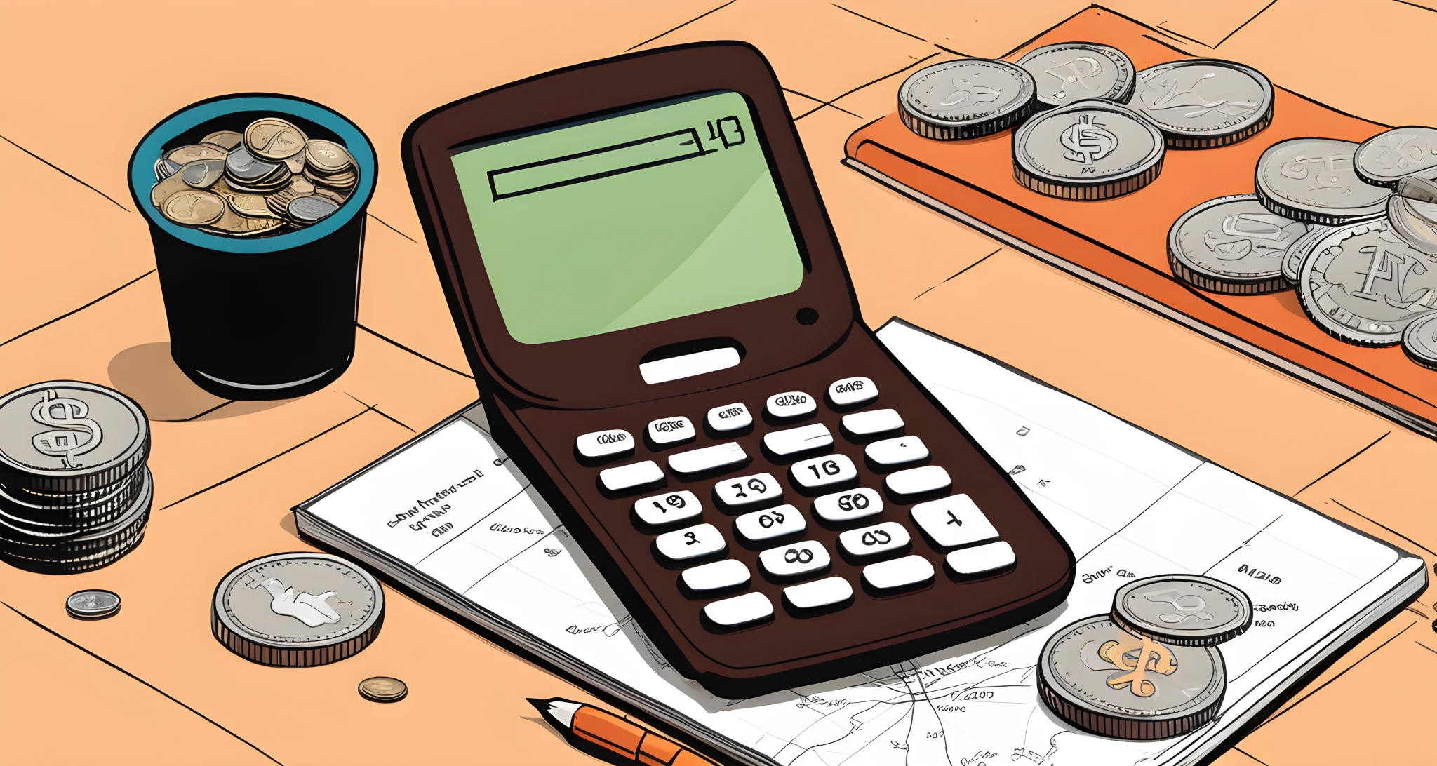 The image shows a map, a notebook, a calculator, and a pile of coins on a table.