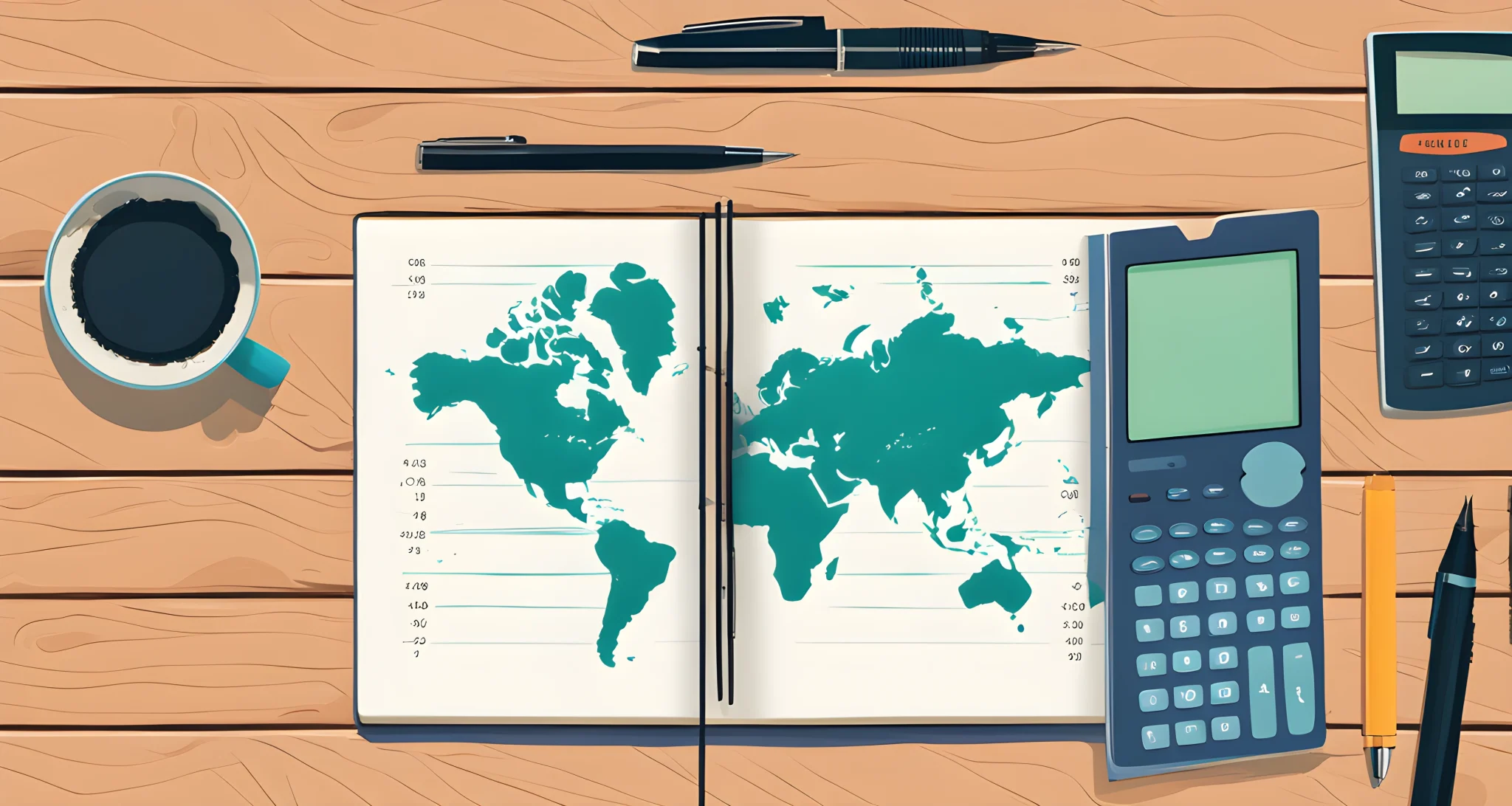 The image shows a map, a notebook, a calculator, and a pen on a wooden table.