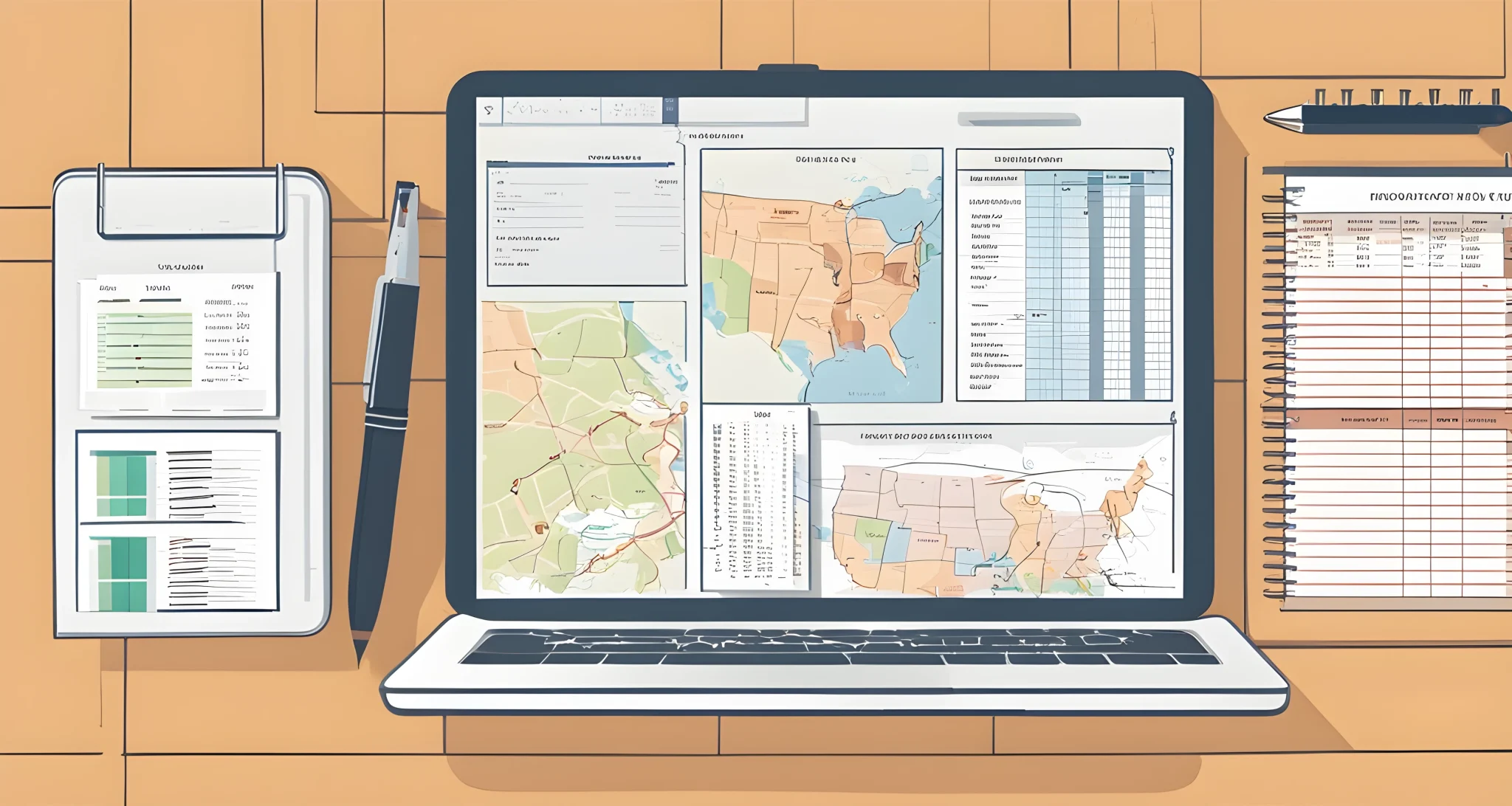 The image shows a map, a notebook, and a laptop open to a budgeting spreadsheet.