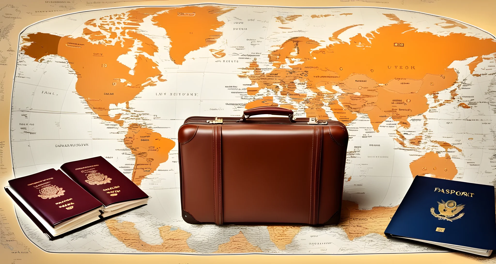 The image shows a map, a passport, and a suitcase.