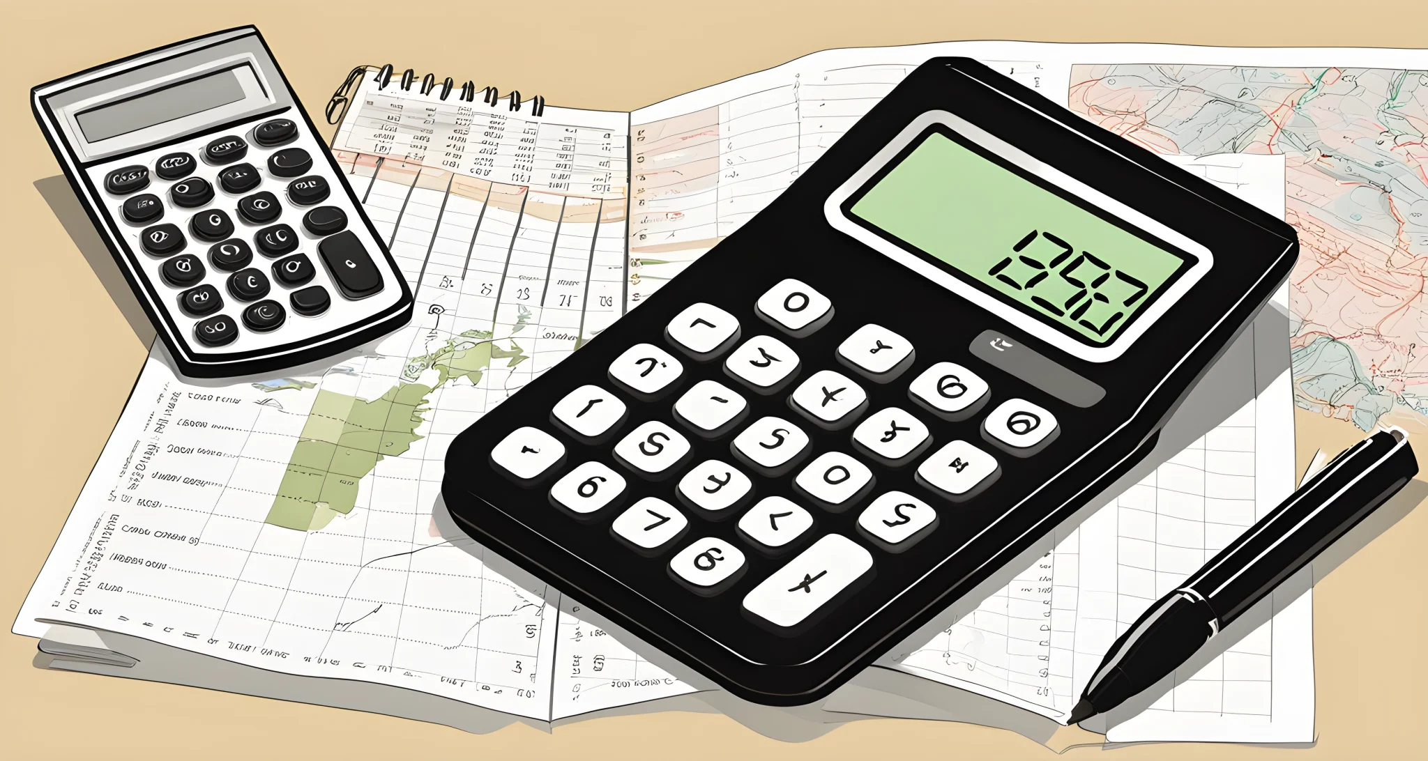 The image shows a map, calculator, and notebook with financial calculations.