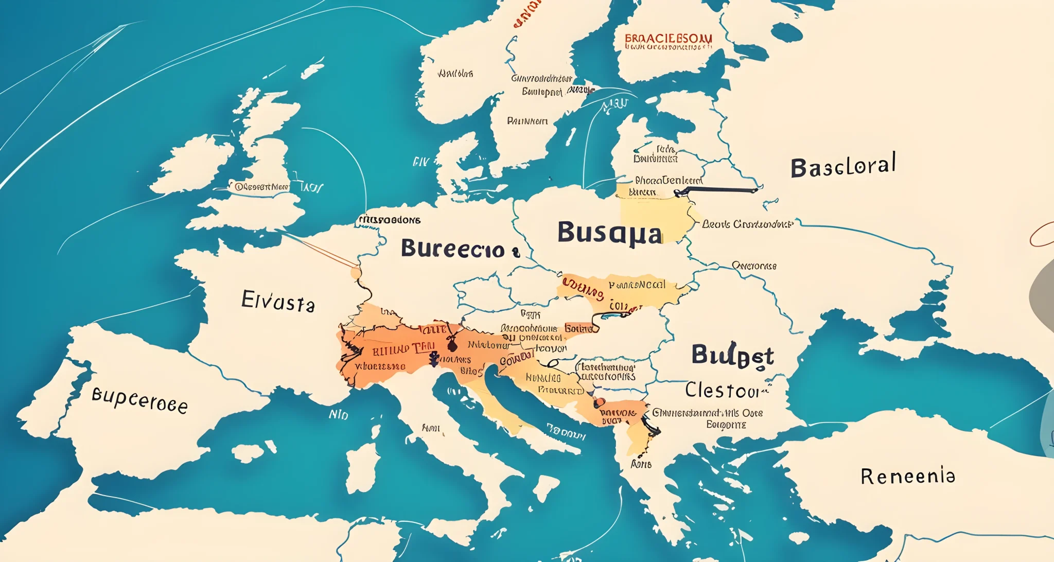 The image shows a map of Europe with highlighted tourist destinations such as Barcelona, Prague, and Budapest.