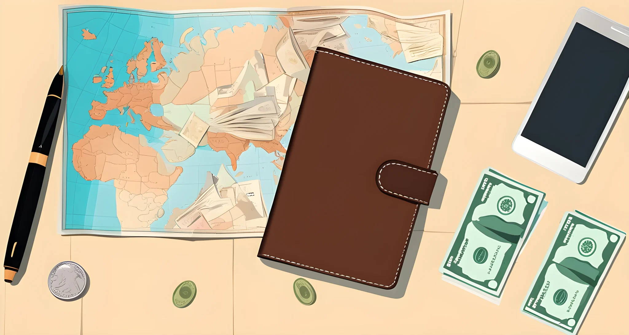 The image shows a map, passport, and money wallet on a table.