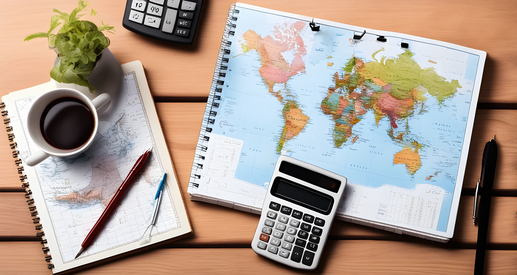 The image shows a map with budget-friendly travel destinations highlighted, a calculator, and a notebook with a list of expenses.