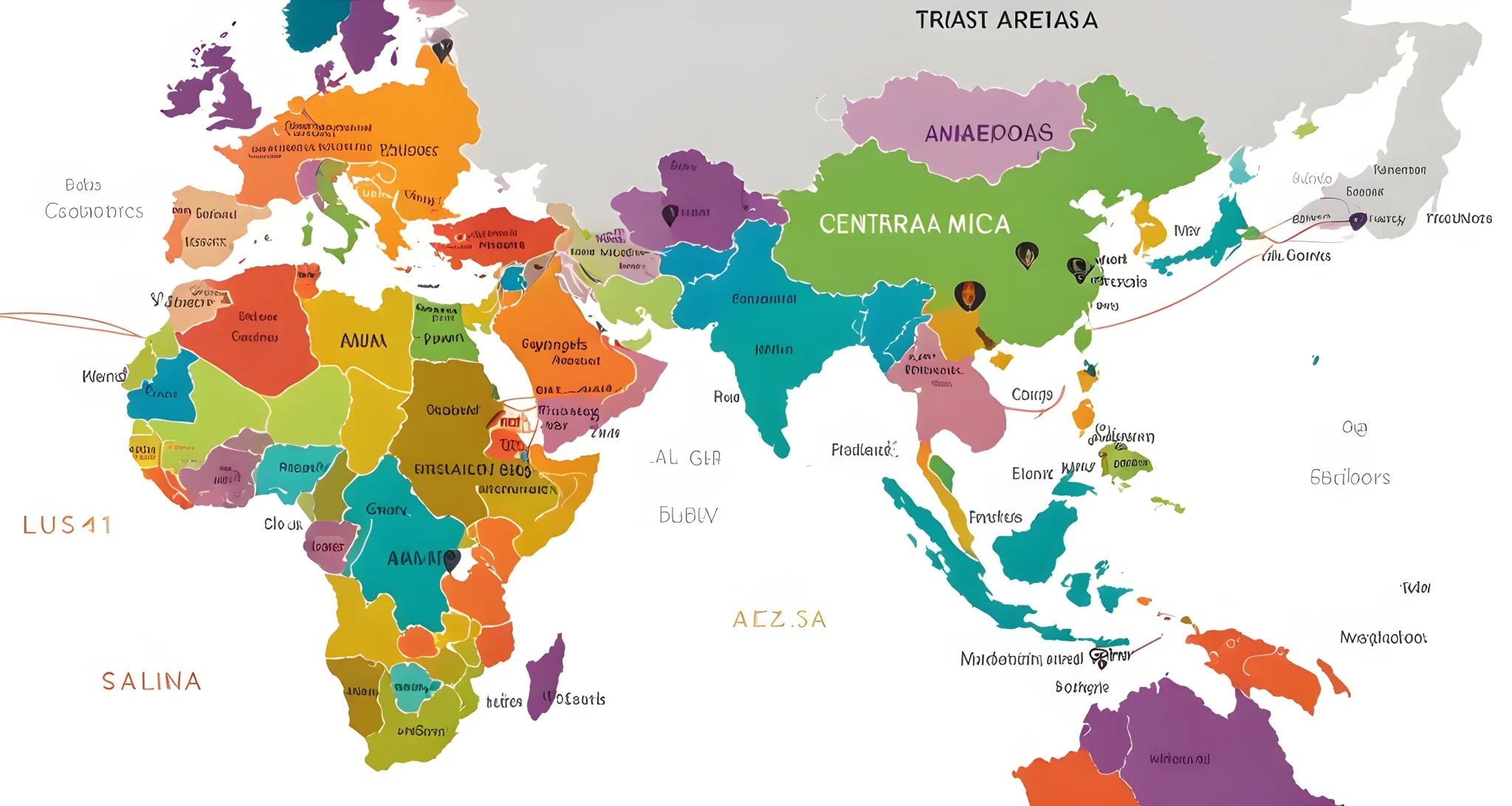 The image shows a map with highlighted affordable travel destinations, including Southeast Asia, Eastern Europe, and Central America.