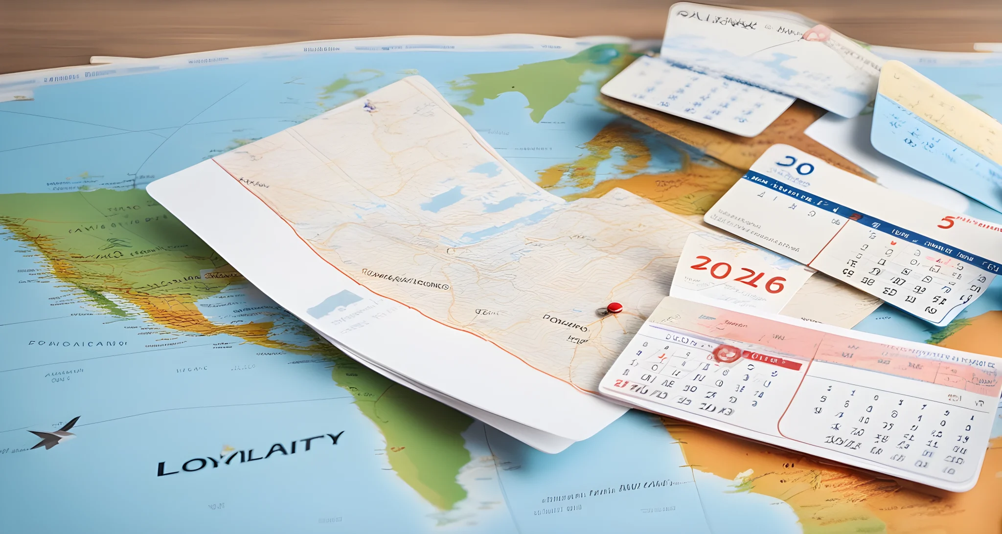 The image shows a map with various destination points, a calendar, and a stack of airline loyalty program cards.