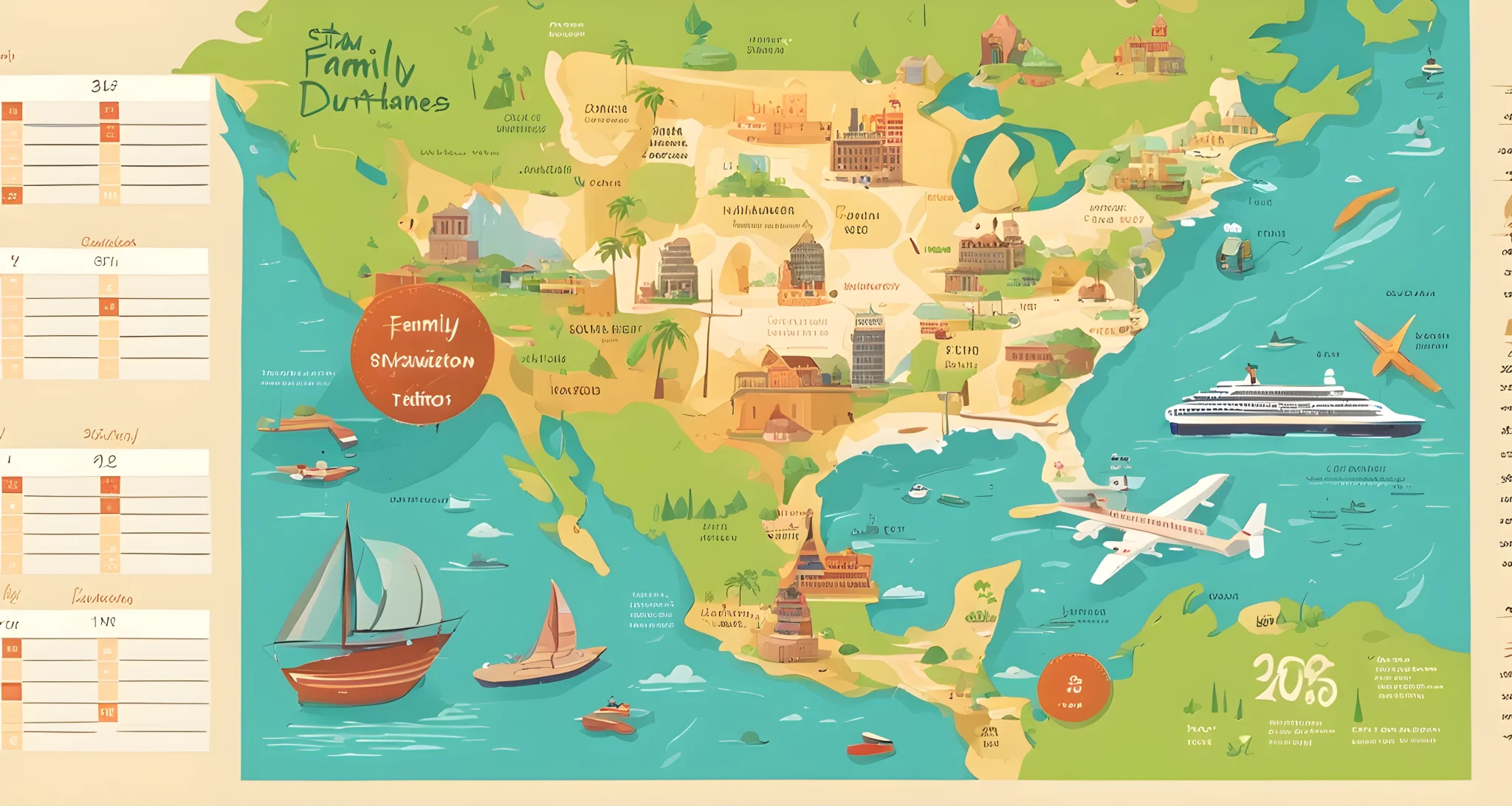 The image shows a map with various family-friendly vacation destinations marked, along with a calendar highlighting different durations of stay.