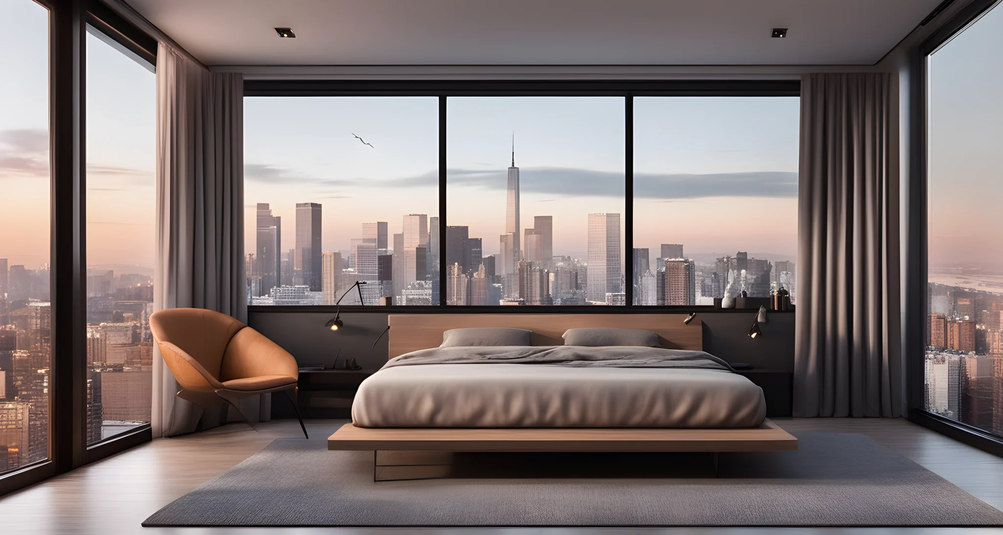 The image shows a minimalist bedroom with a comfortable bed, a compact desk, and a large window overlooking a city skyline.