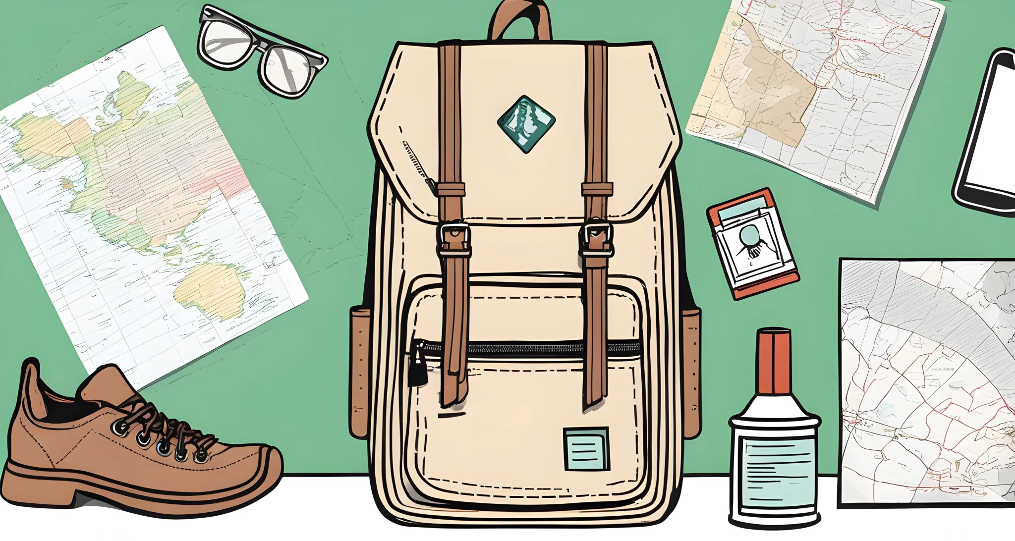 The image shows a packed backpack, a passport, and a map.