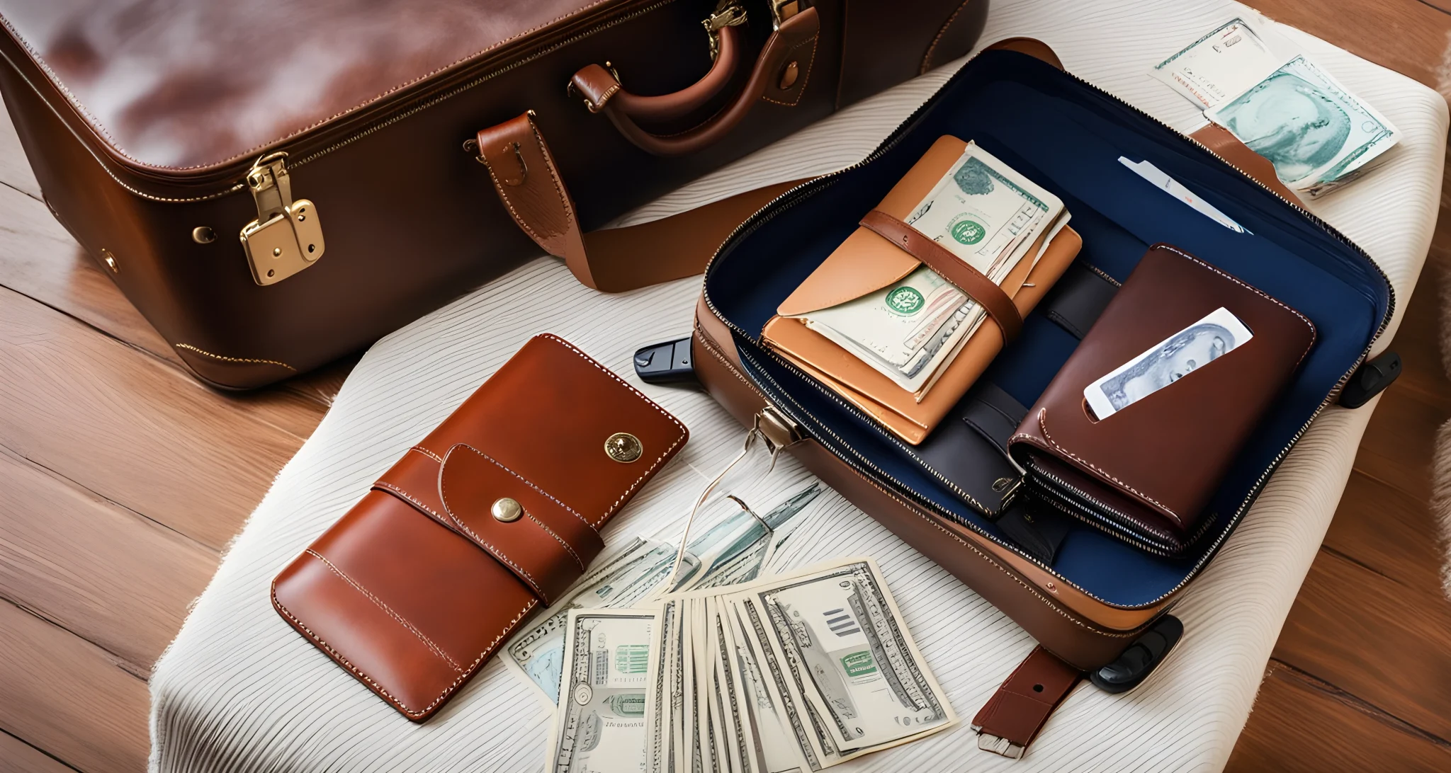 The image shows a packed suitcase, a travel itinerary, and a wallet with foreign currency.