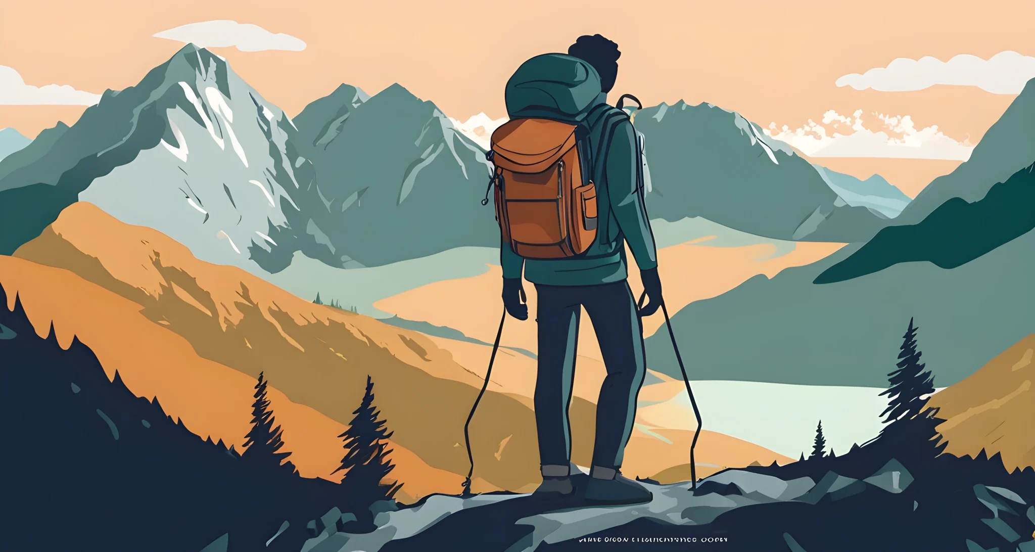 The image shows a person adjusting their backpack straps while standing in a scenic mountainous landscape.