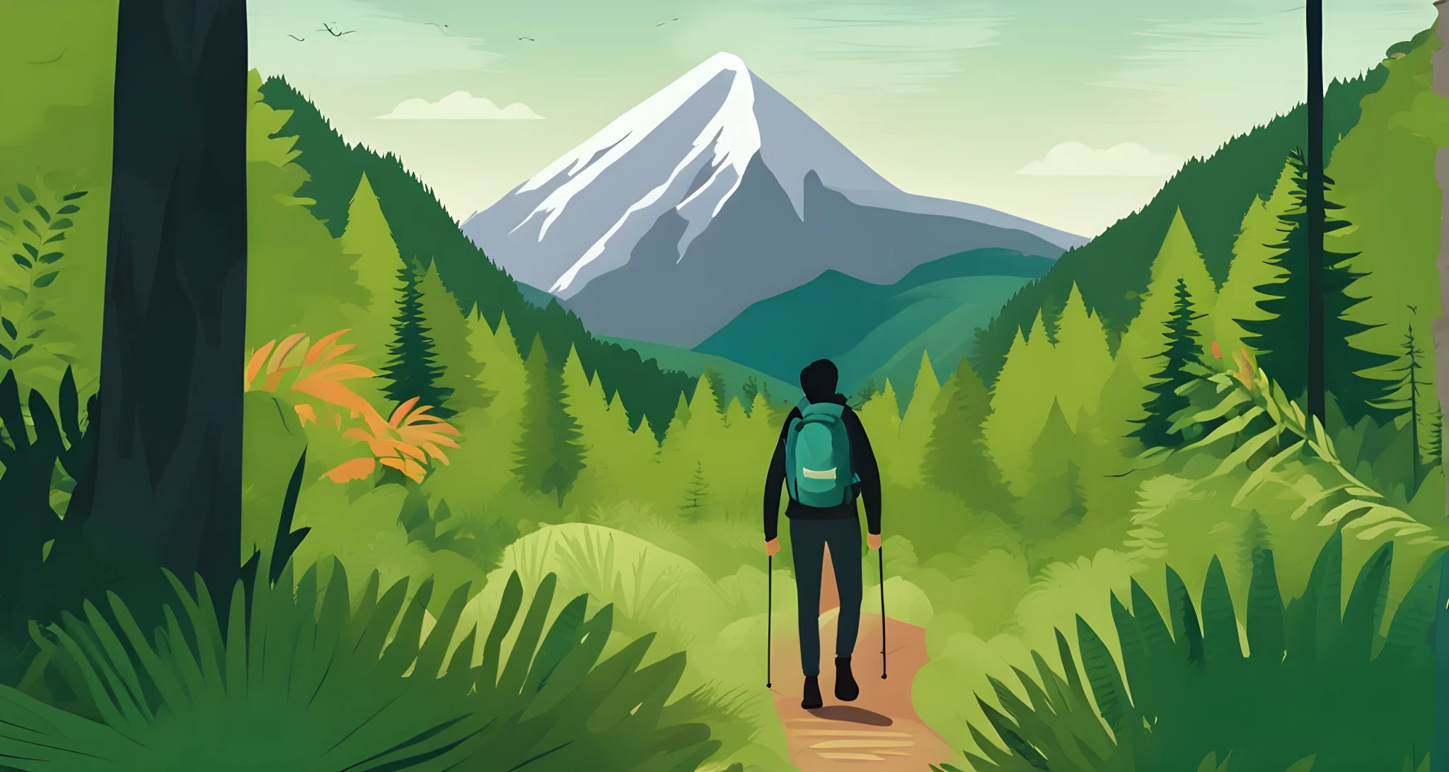 The image shows a person wearing a backpack and hiking through a lush forest with a mountain in the background.