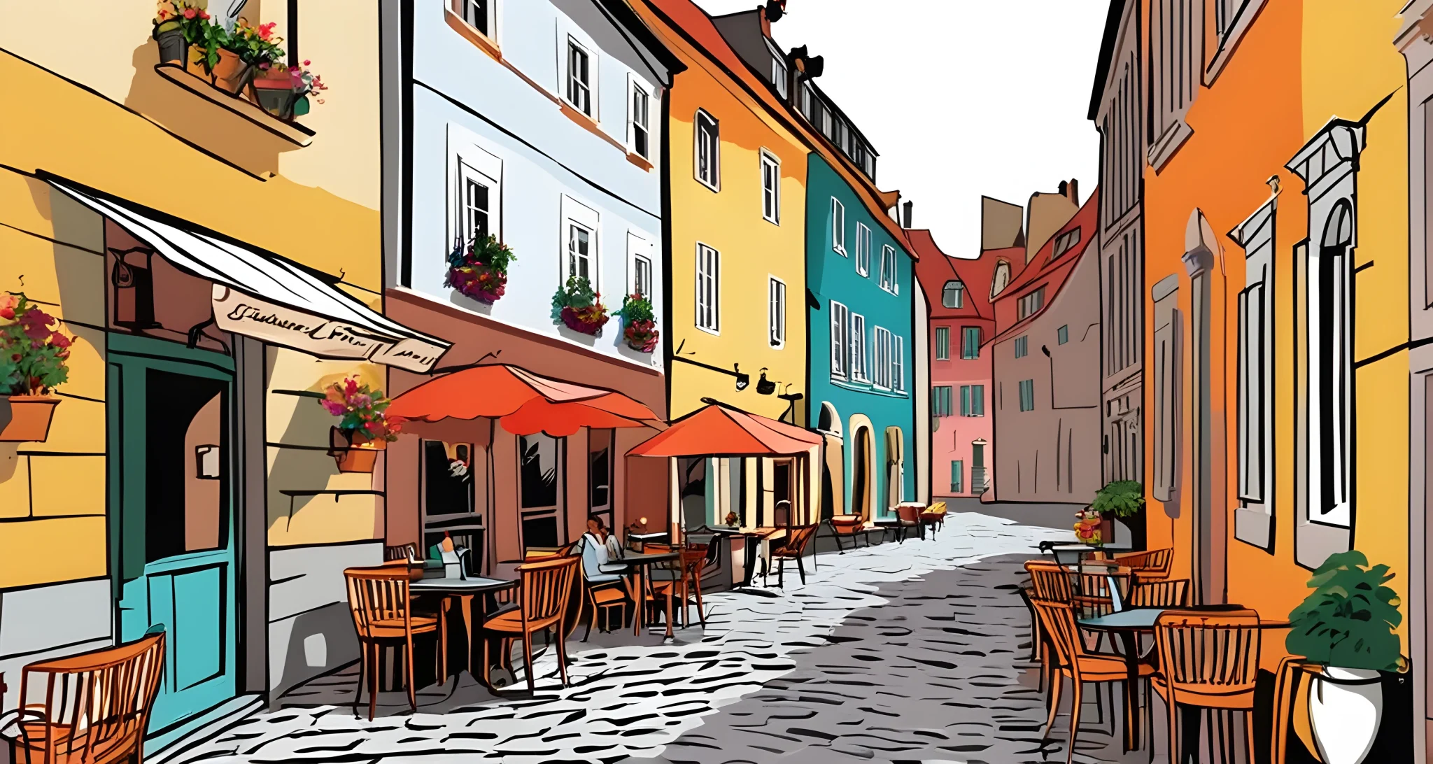 The image shows a picturesque cobblestone street lined with colorful buildings and outdoor cafes in a charming European city.