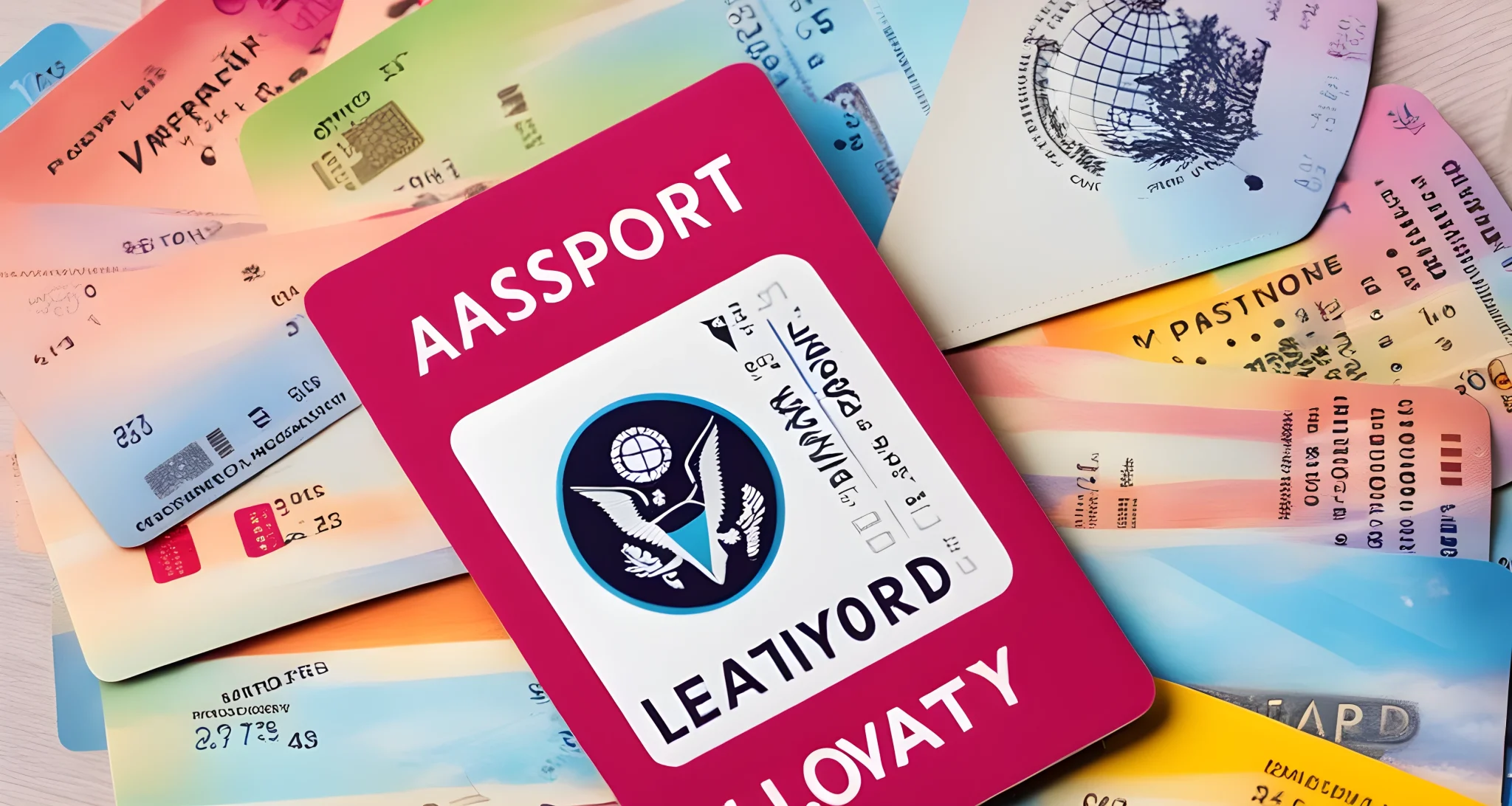 The image shows a pile of colorful airline loyalty program cards and a passport.