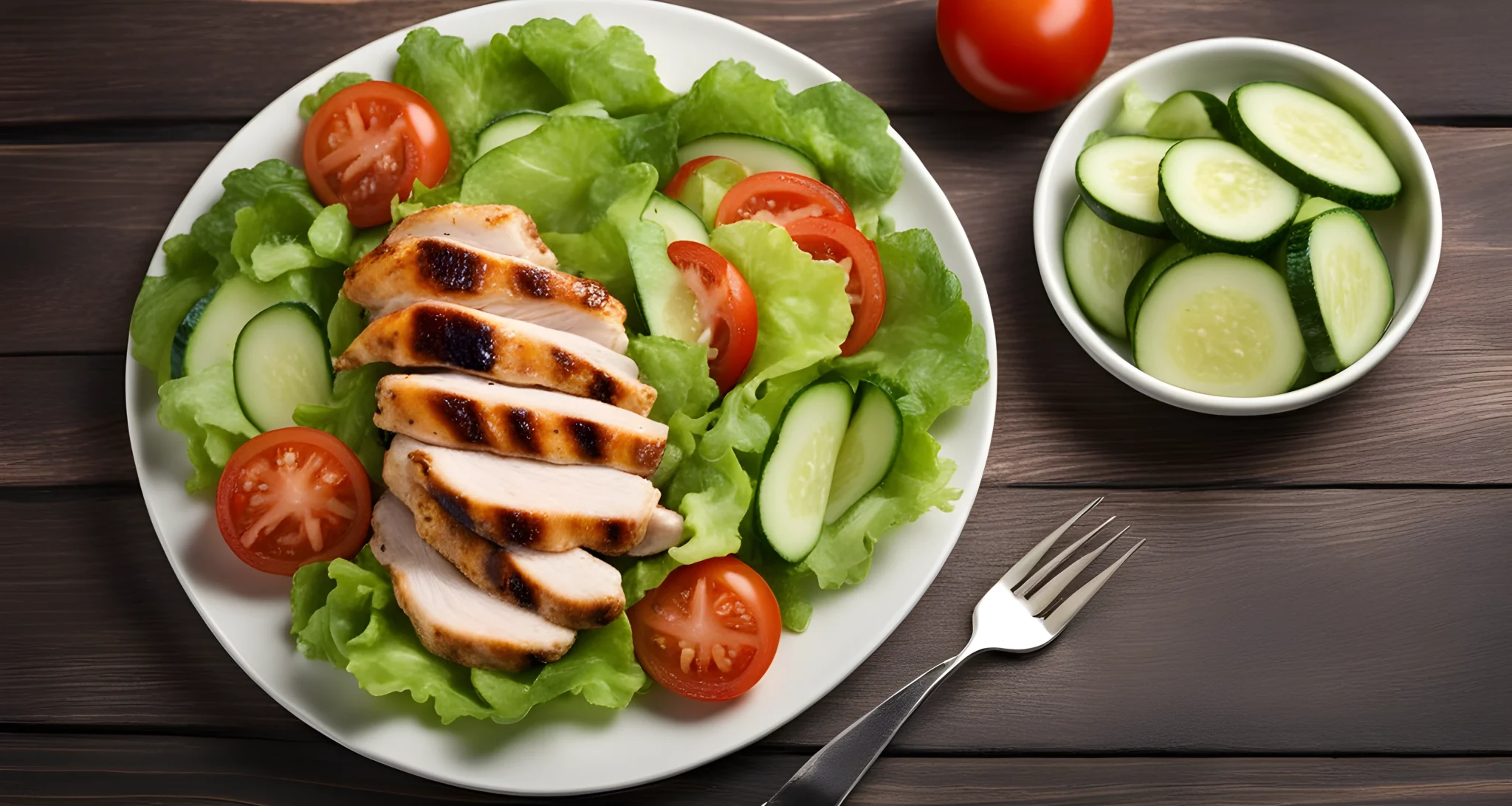 The image shows a plate of salad with fresh lettuce, tomatoes, cucumbers, and slices of grilled chicken. There is also a small bowl of vinaigrette dressing on the side.