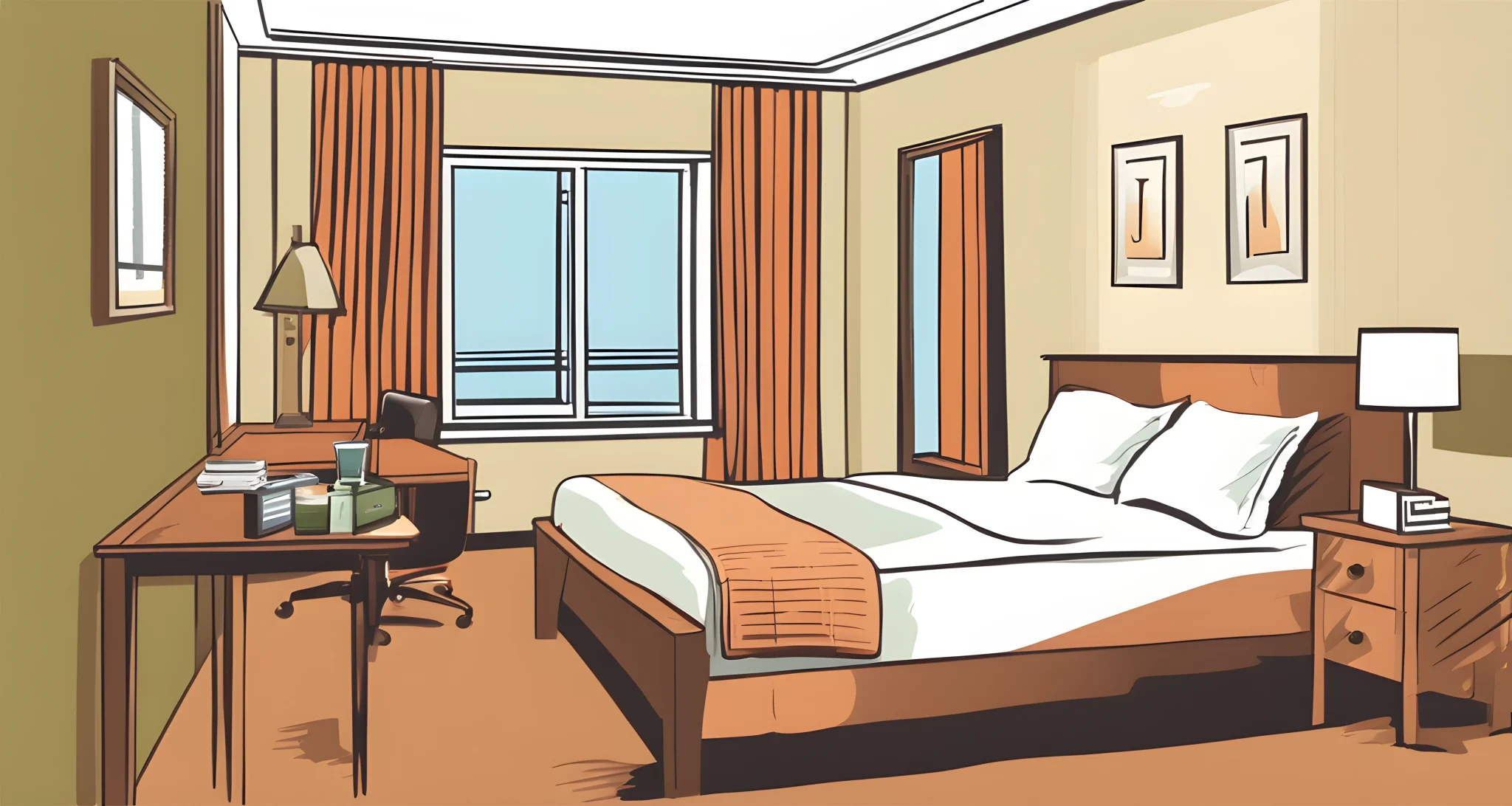 The image shows a simple and clean hotel room with a comfortable bed, a small desk, and a modest bathroom.