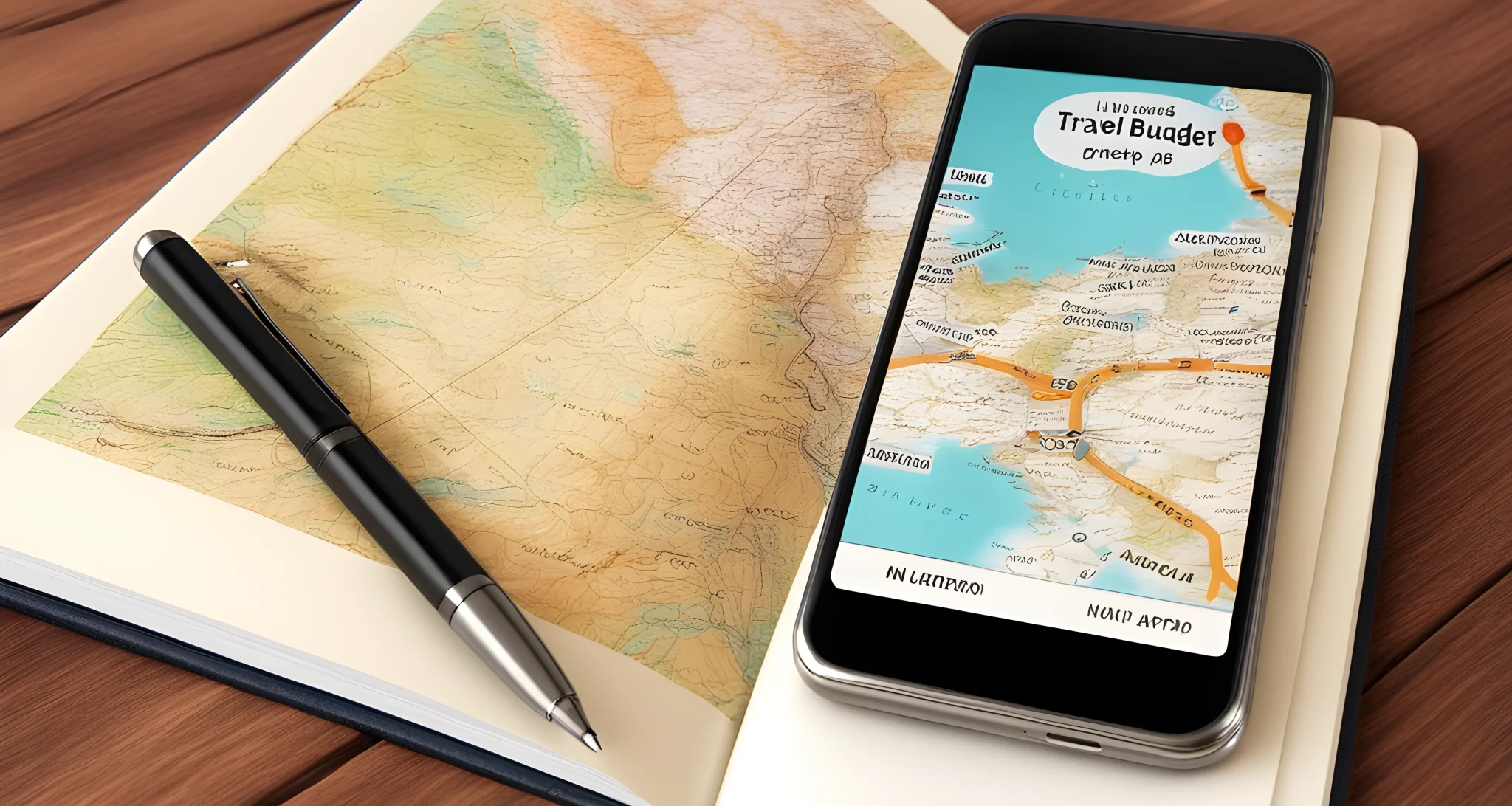 The image shows a smartphone with travel budget app, a notebook with pen and a map.