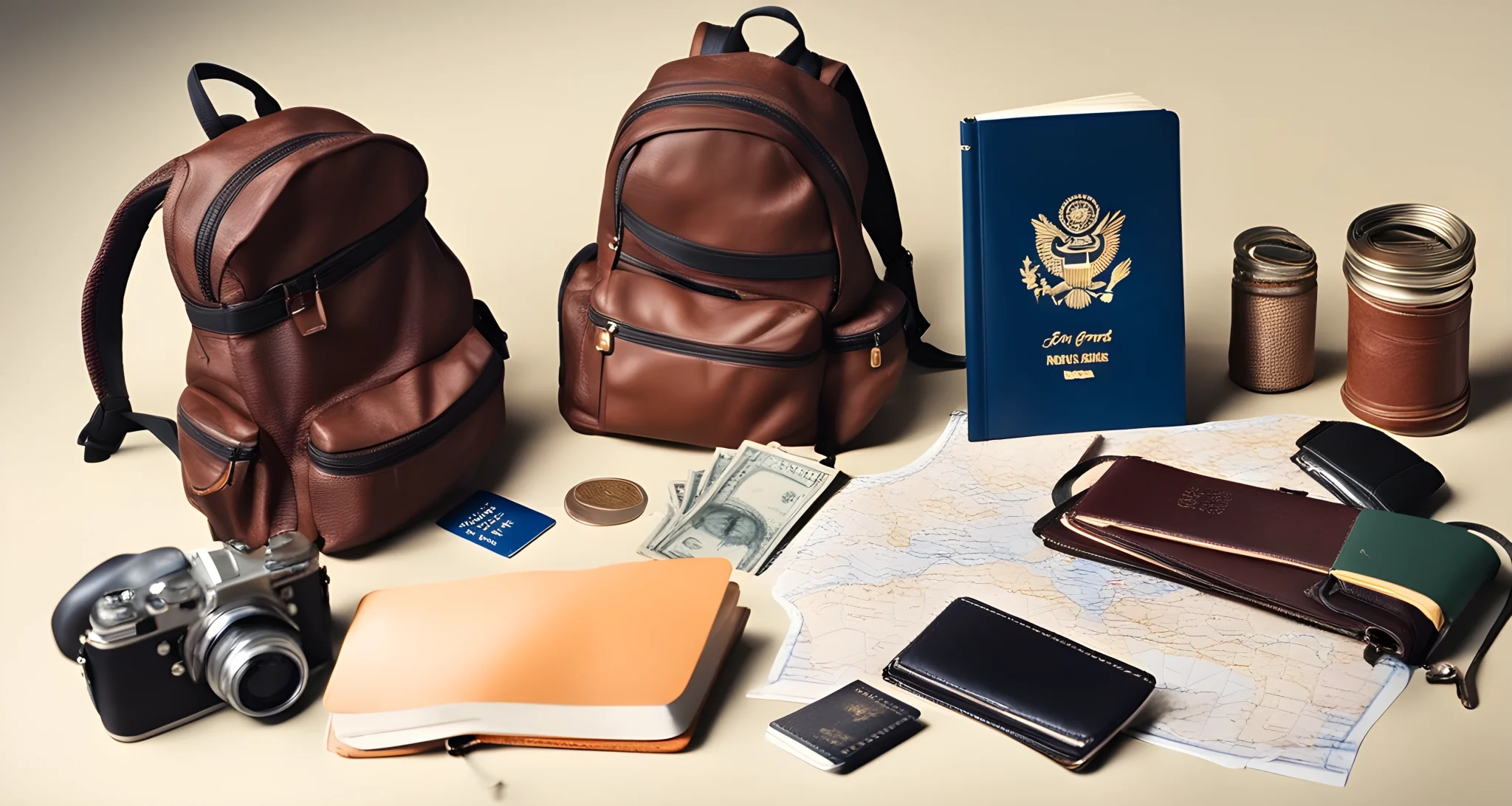 The image shows a spread of items including a backpack, travel guidebook, passport, and money belt.