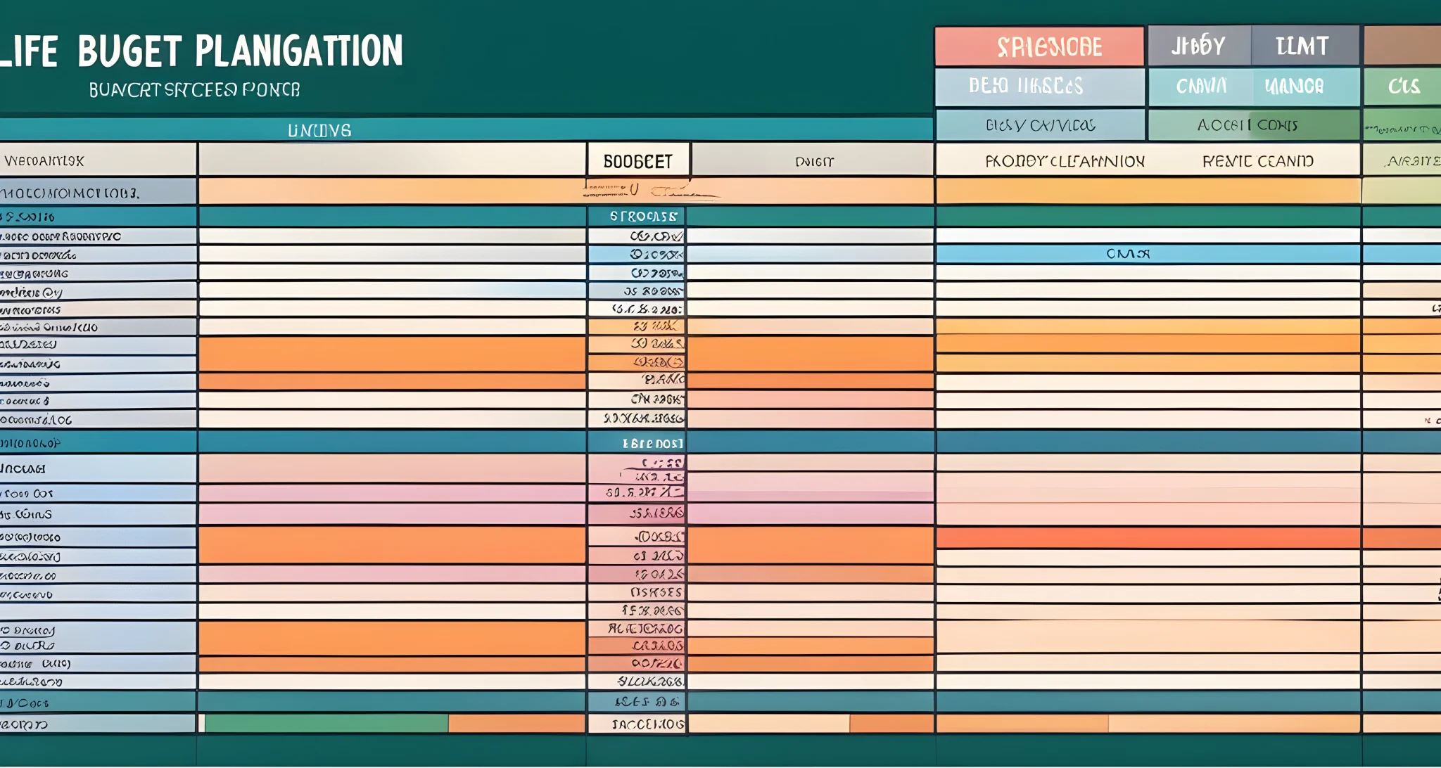 The image shows a spreadsheet with categories and subcategories for budget planning.