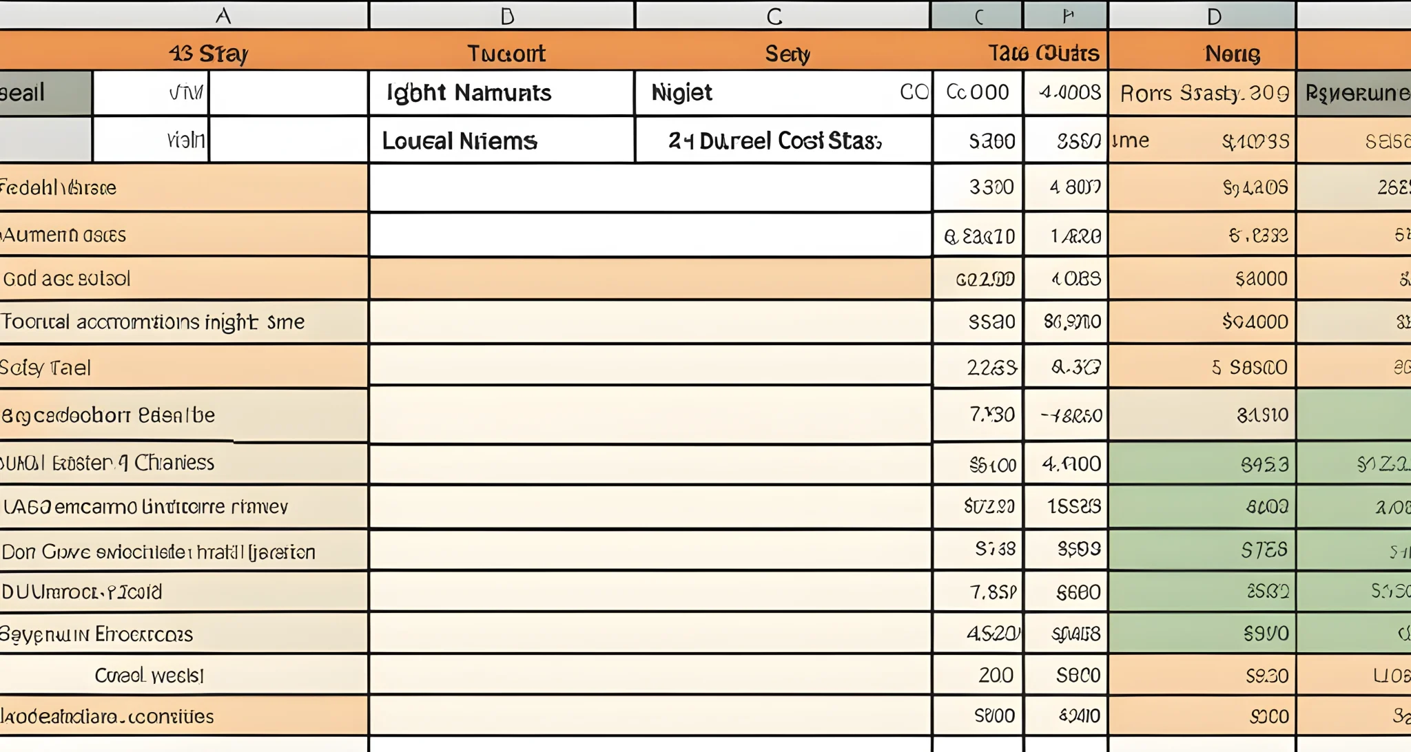 The image shows a spreadsheet with categories for accommodations, including columns for hotel name, location, cost per night, and total cost for the duration of the stay.