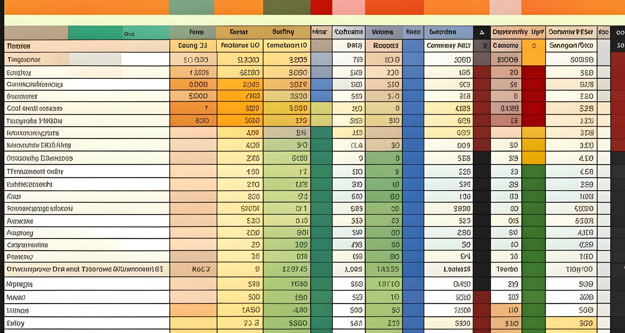 The image shows a spreadsheet with columns for different expense categories such as transportation, accommodation, food, and activities.