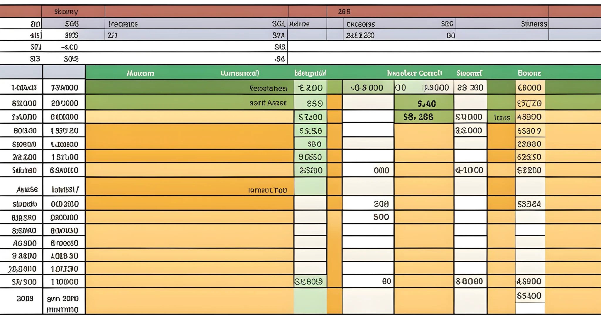 The image shows a spreadsheet with columns for items or categories, and rows for budgeted amounts and actual amounts spent.