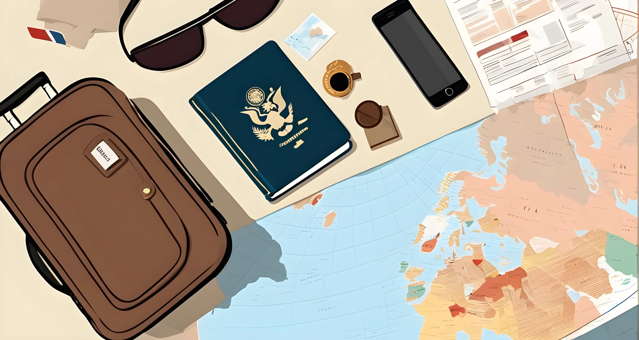 The image shows a suitcase, passport, and map laid out on a table.