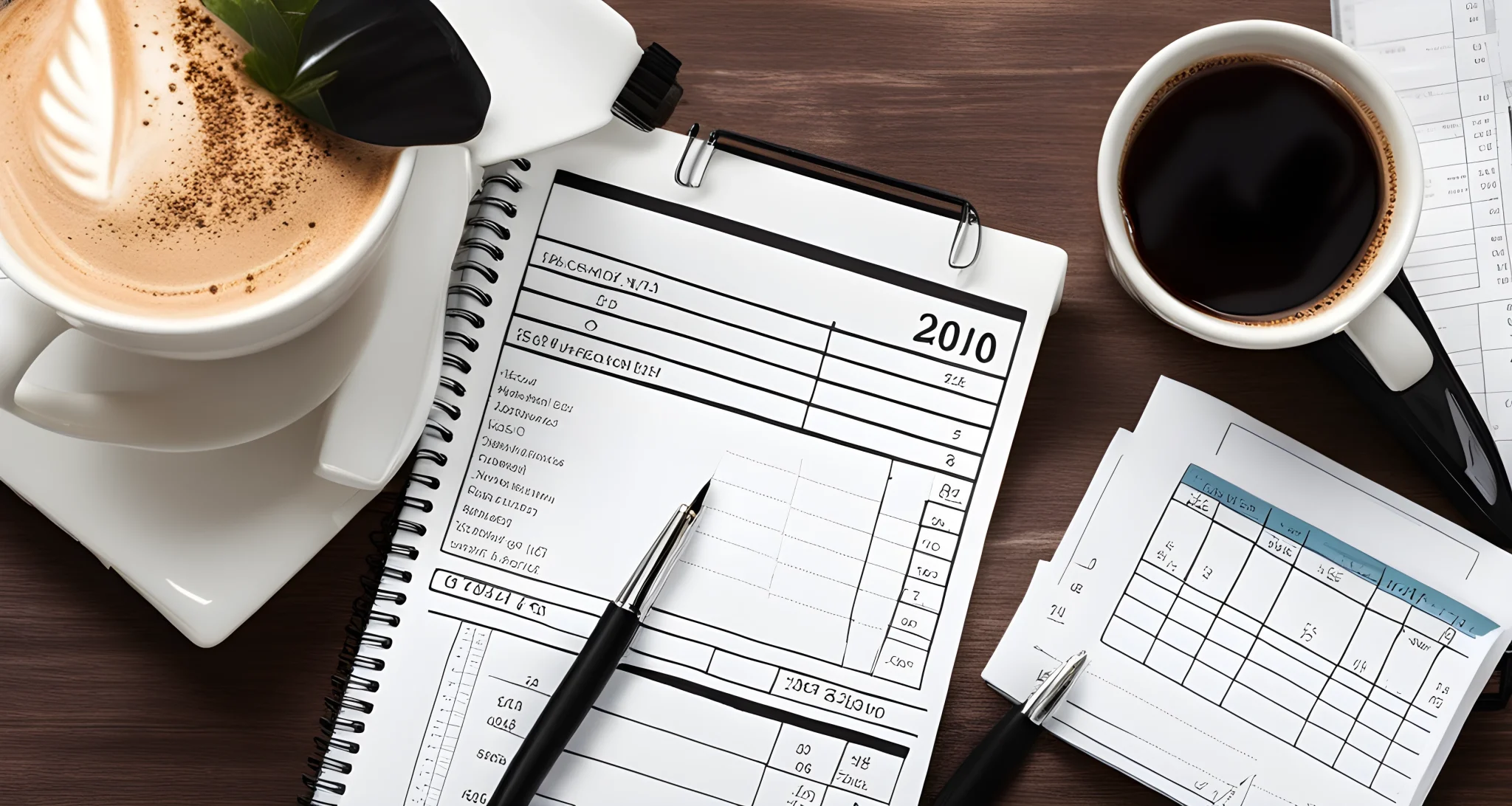 The image shows a table with a budget planner and calculator on it, surrounded by receipts, a pen, and a cup of coffee.