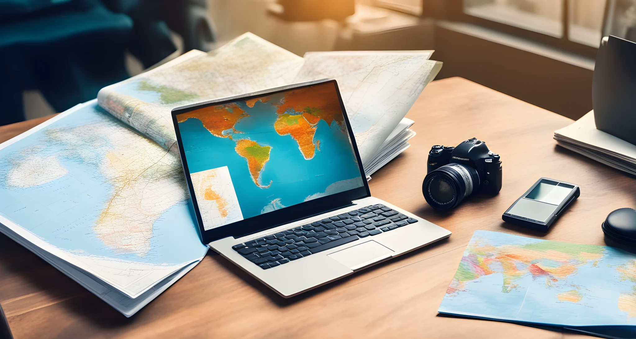 The image shows a table with a laptop, notebook, and calculator on it, with various travel brochures and a map spread out.