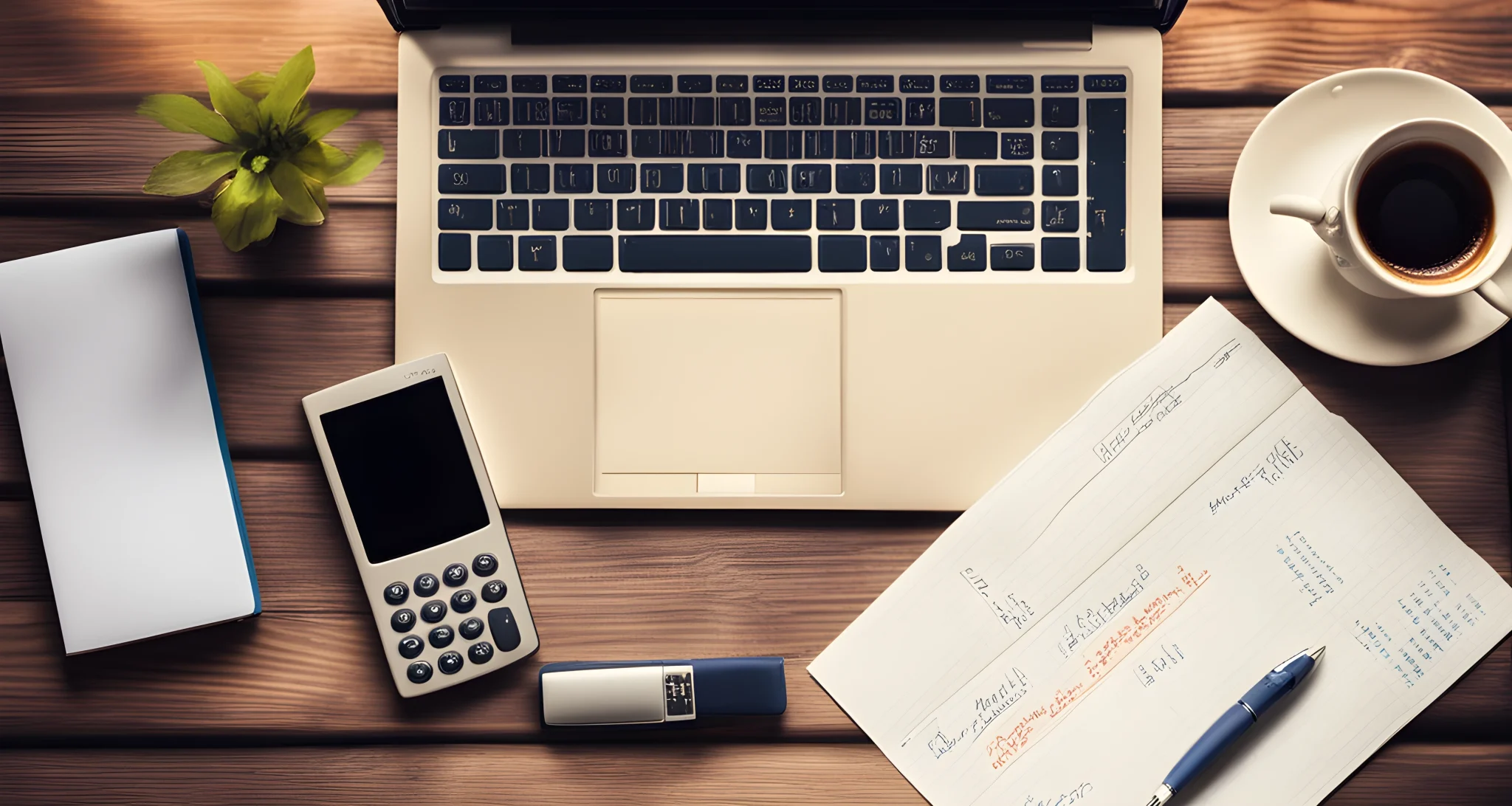 The image shows a table with a laptop, notepad, and calculator with various travel expenses written on paper.