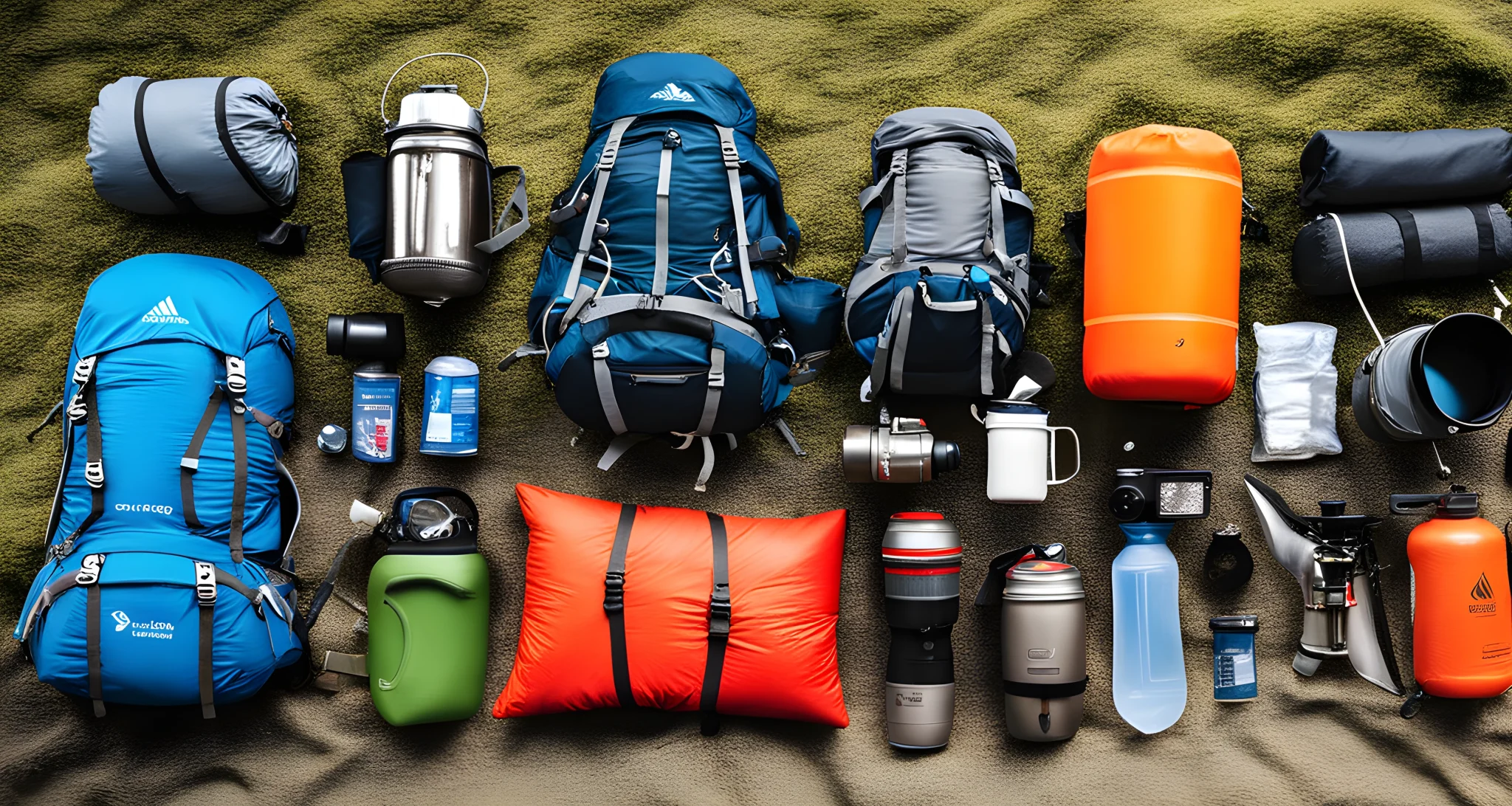 The image shows a variety of backpacking gear including a backpack, camping stove, water filter, tent, and sleeping bag.