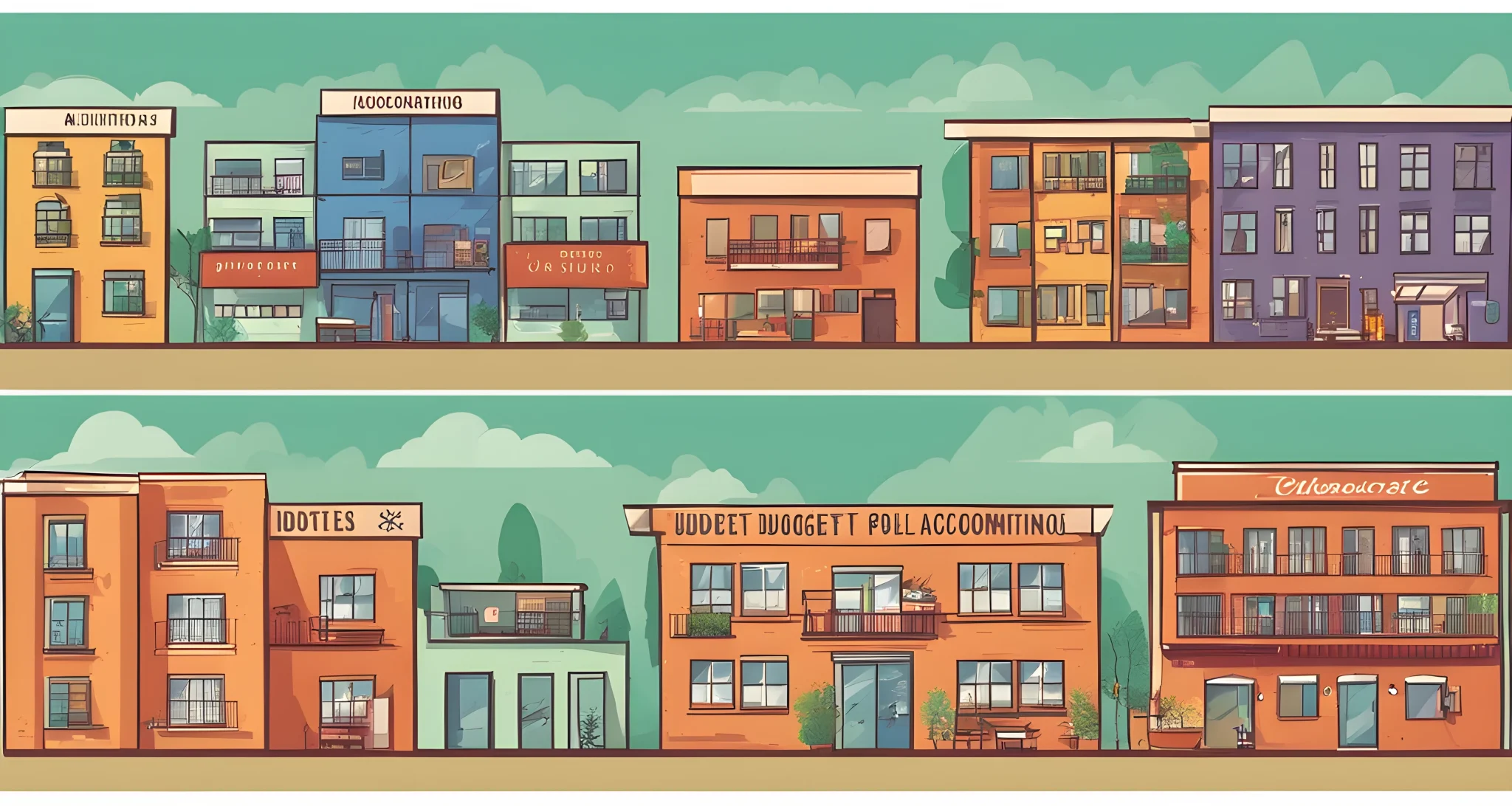 The image shows a variety of budget accommodations including hostels, motels, and budget hotels.