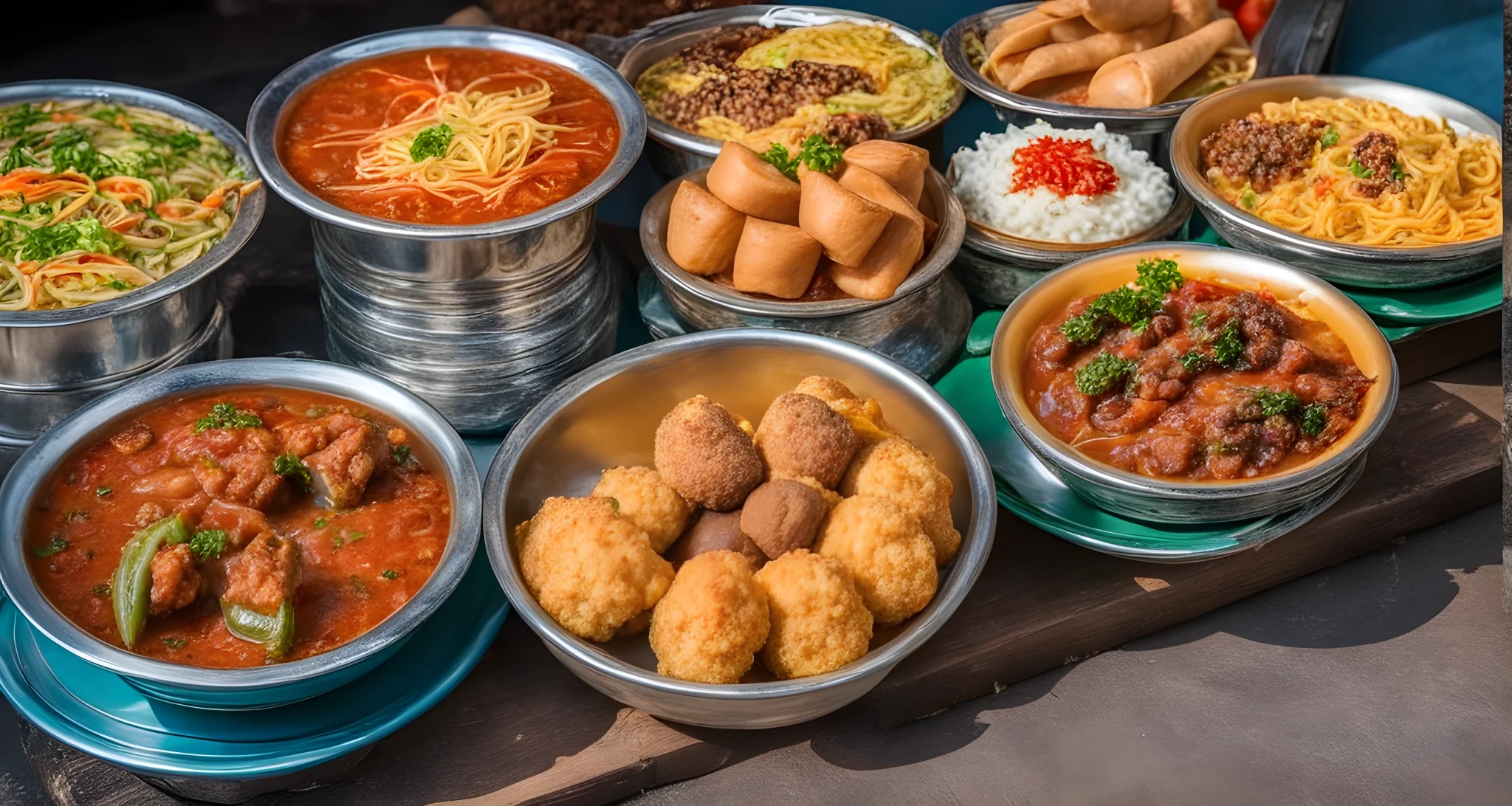 The image shows a variety of colorful and delicious street food dishes from different cultures.