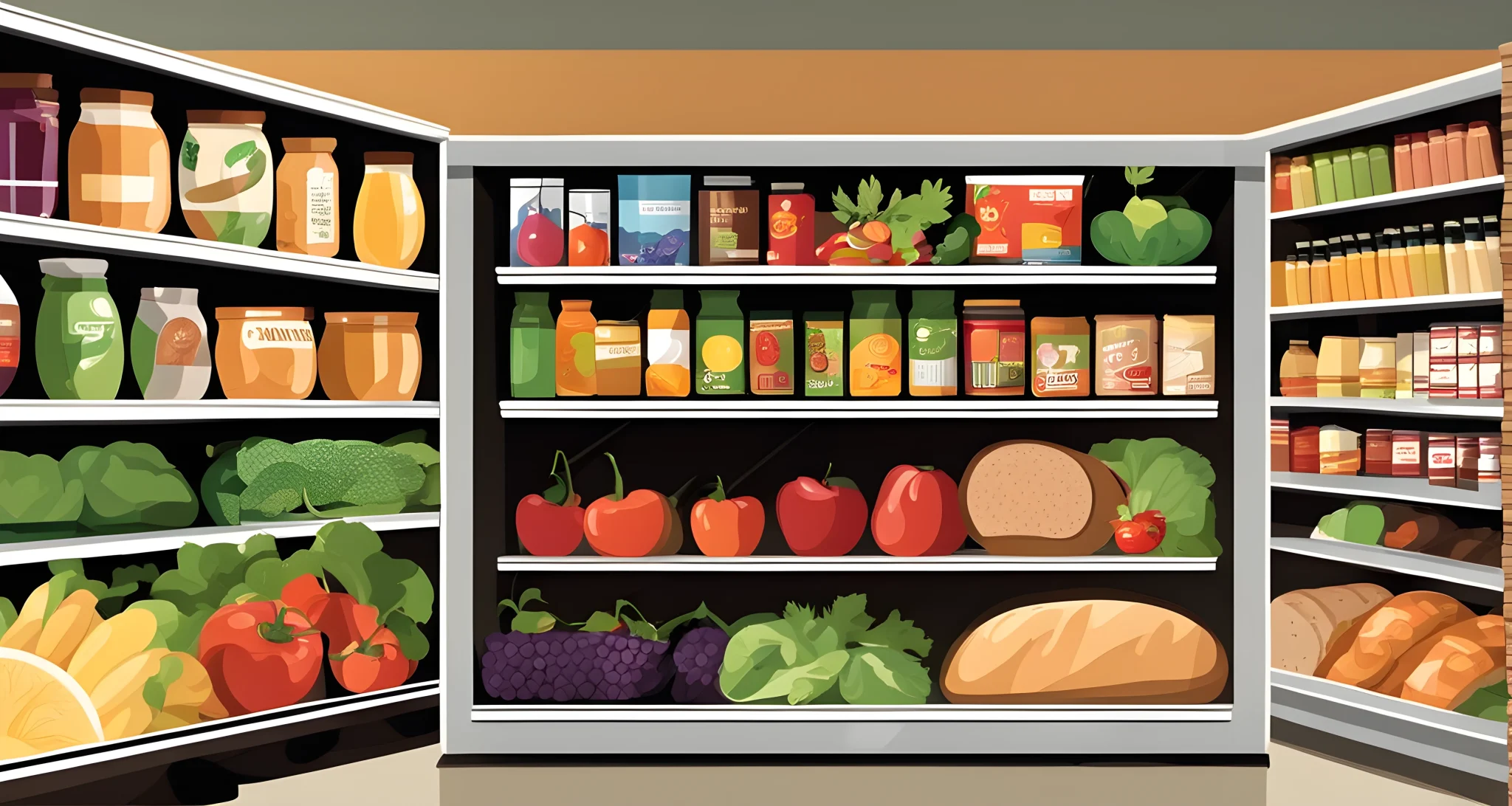 The image shows a variety of grocery items such as fruits, vegetables, bread, and canned goods displayed on shelves in a supermarket.