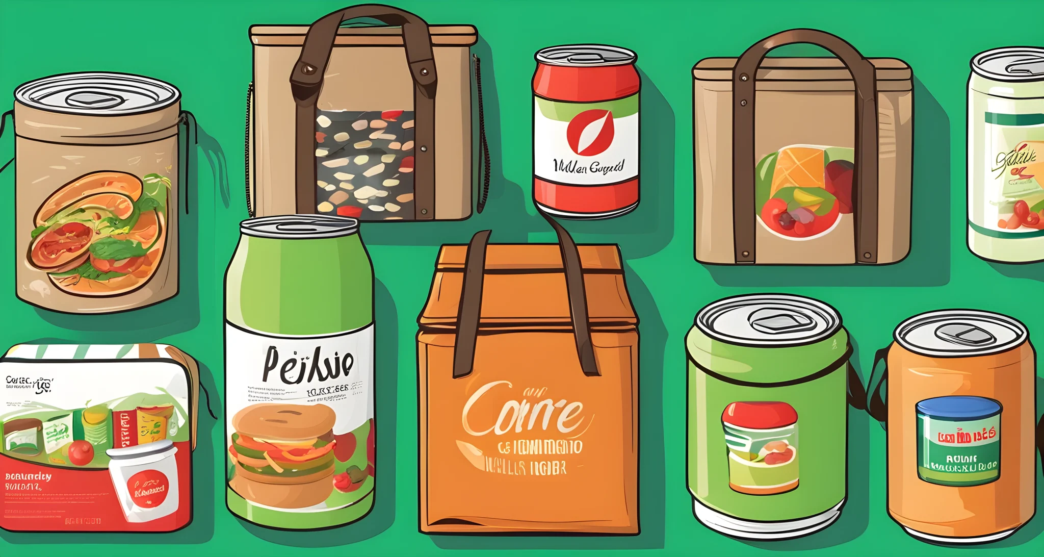 The image shows a variety of packaged and canned food items, as well as a portable cooler and insulated lunch bag.