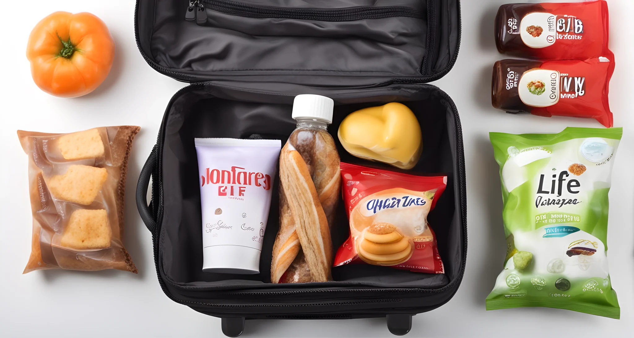 The image shows a variety of snacks and food items packed in a carry-on bag.