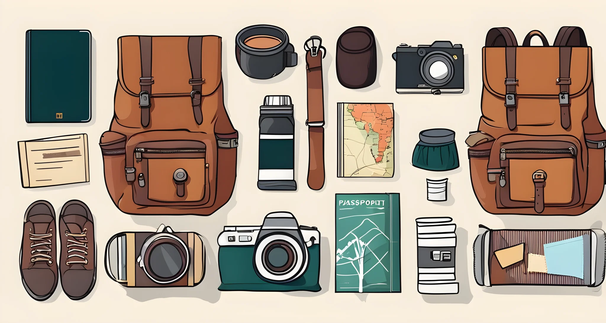 The image shows a variety of travel essentials such as a backpack, passport, map, and camera. These items are essential for solo travelers on a budget.