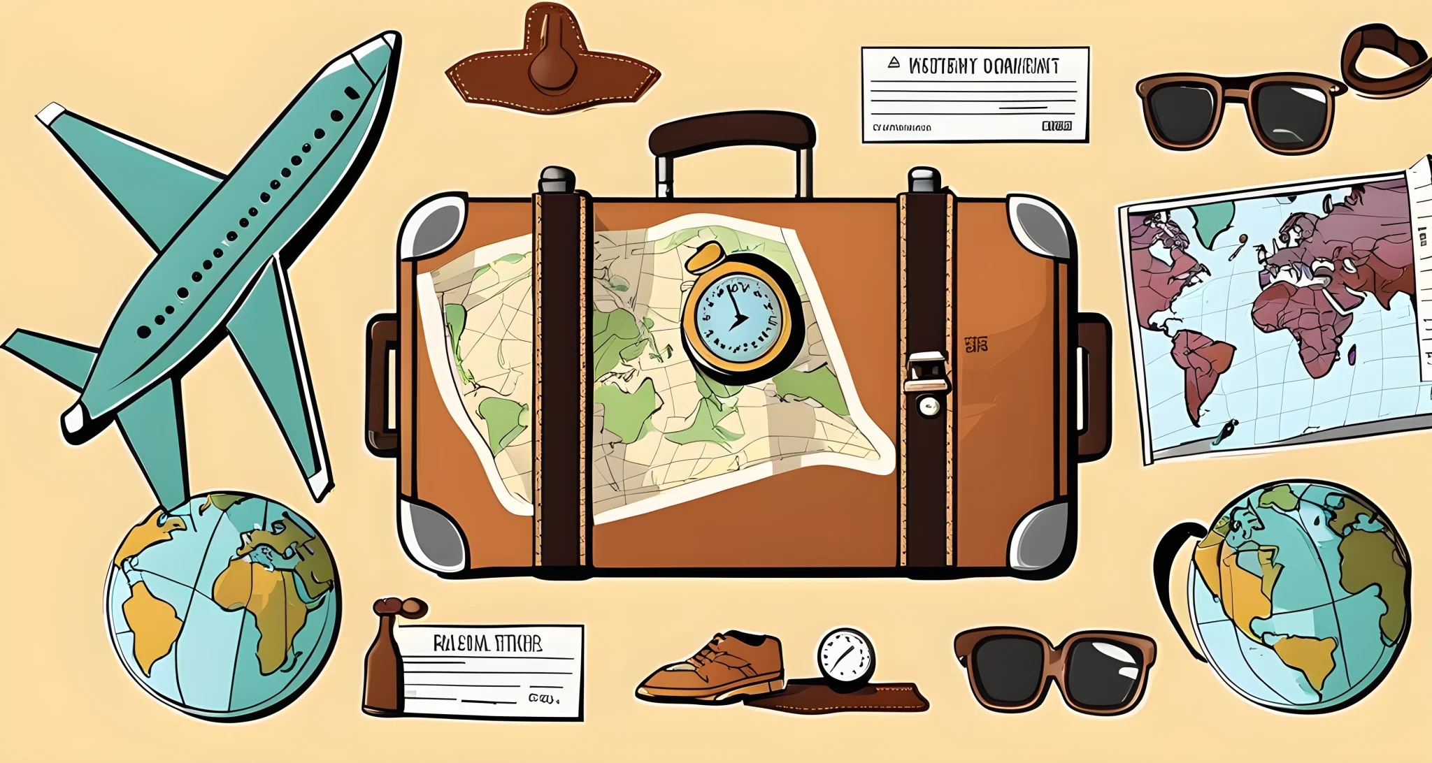 The image shows a variety of travel-related items, including suitcases, plane tickets, hotel keys, and a map.