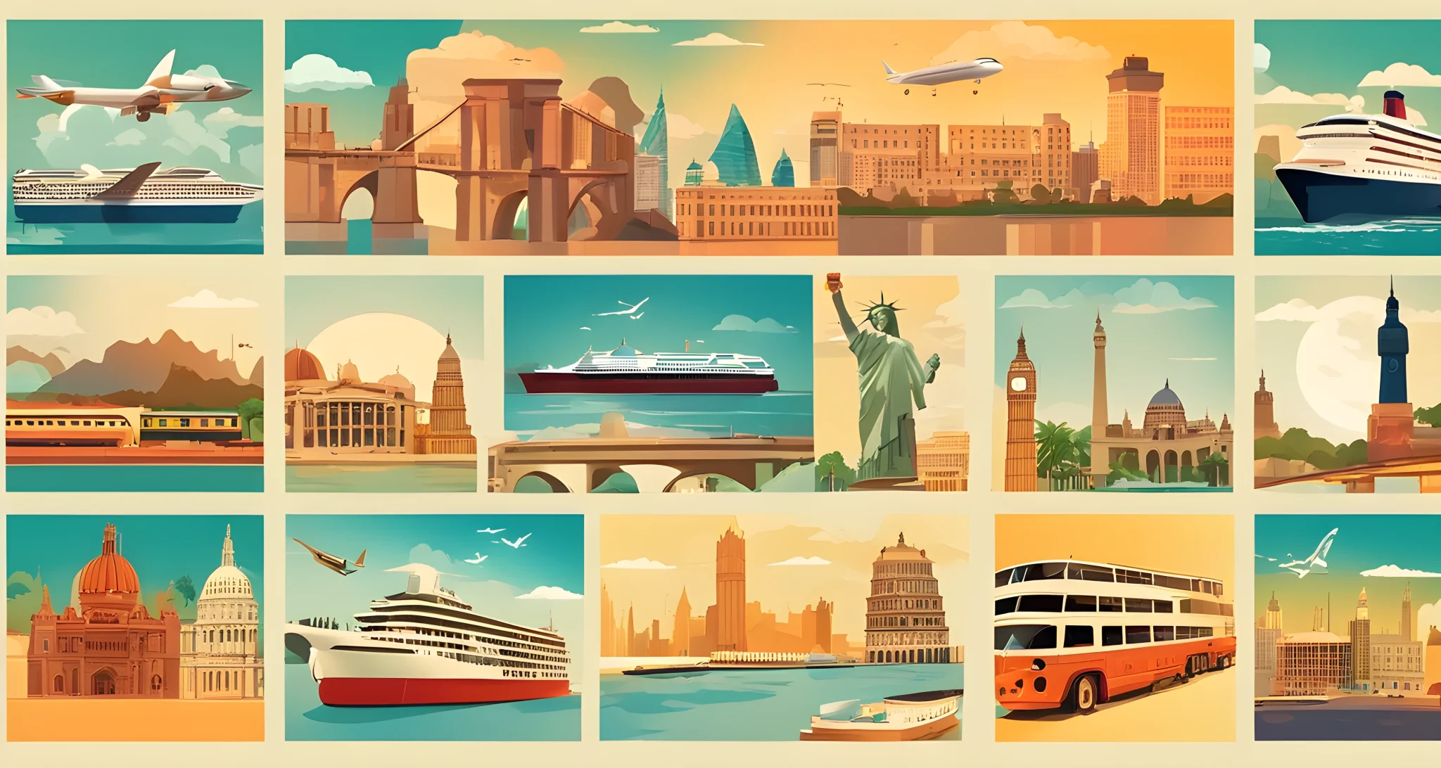 The image shows a vibrant collage of international travel destinations, including famous landmarks and scenic landscapes. It also displays various transportation modes such as airplanes, trains, and cruise ships.