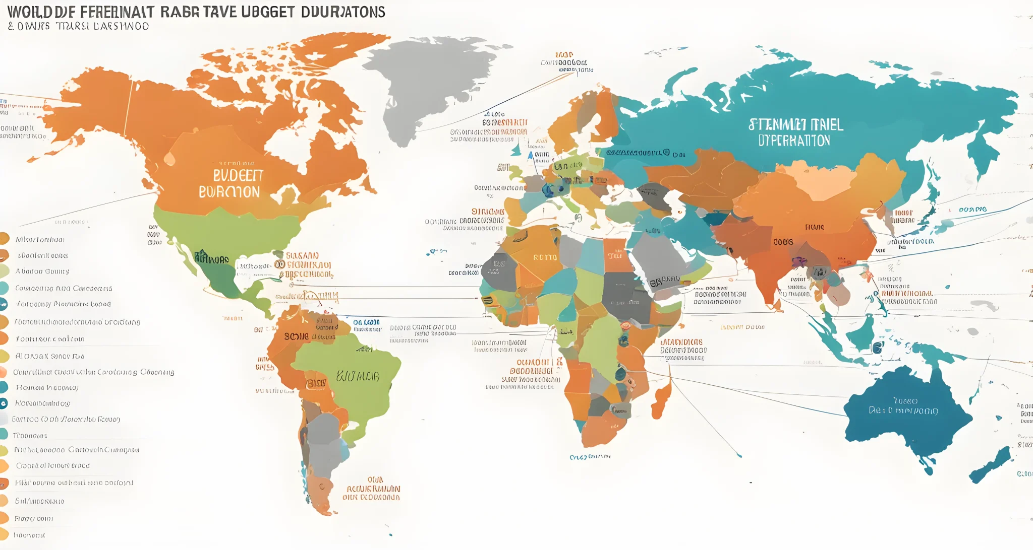 The image shows a world map with highlighted budget-friendly destinations and their estimated travel durations.