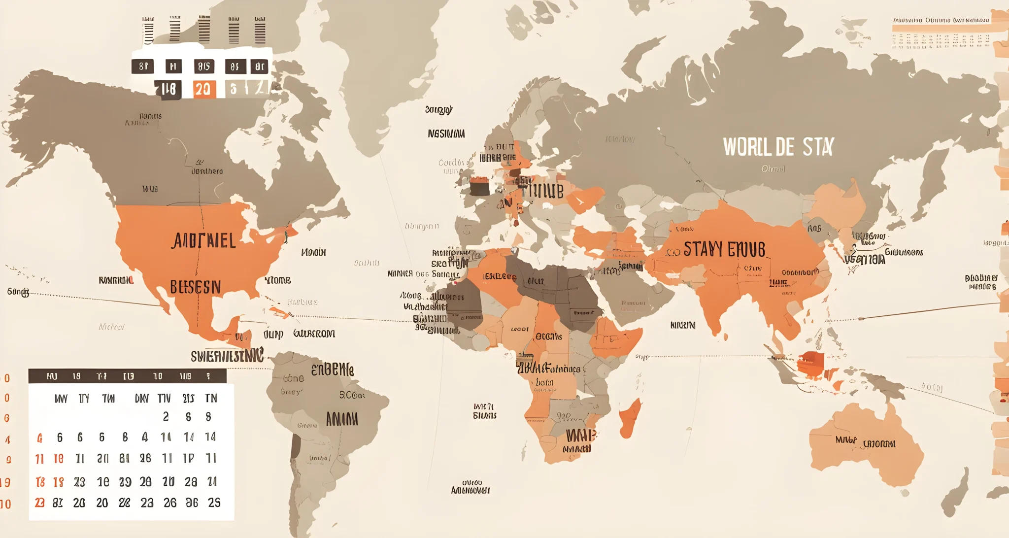 The image shows a world map with marked destinations and a calendar indicating different durations of stay.