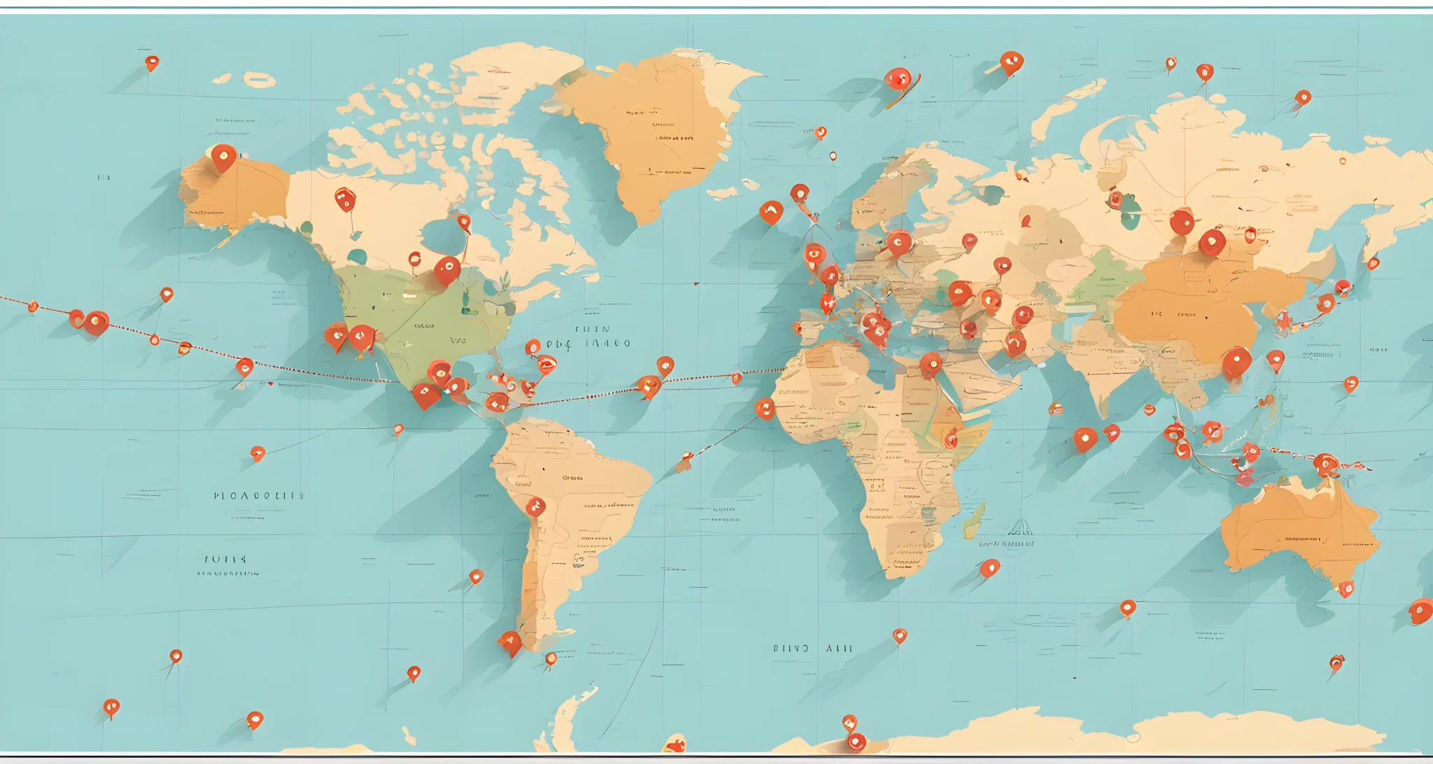 The image shows a world map with multiple destinations marked with pins.