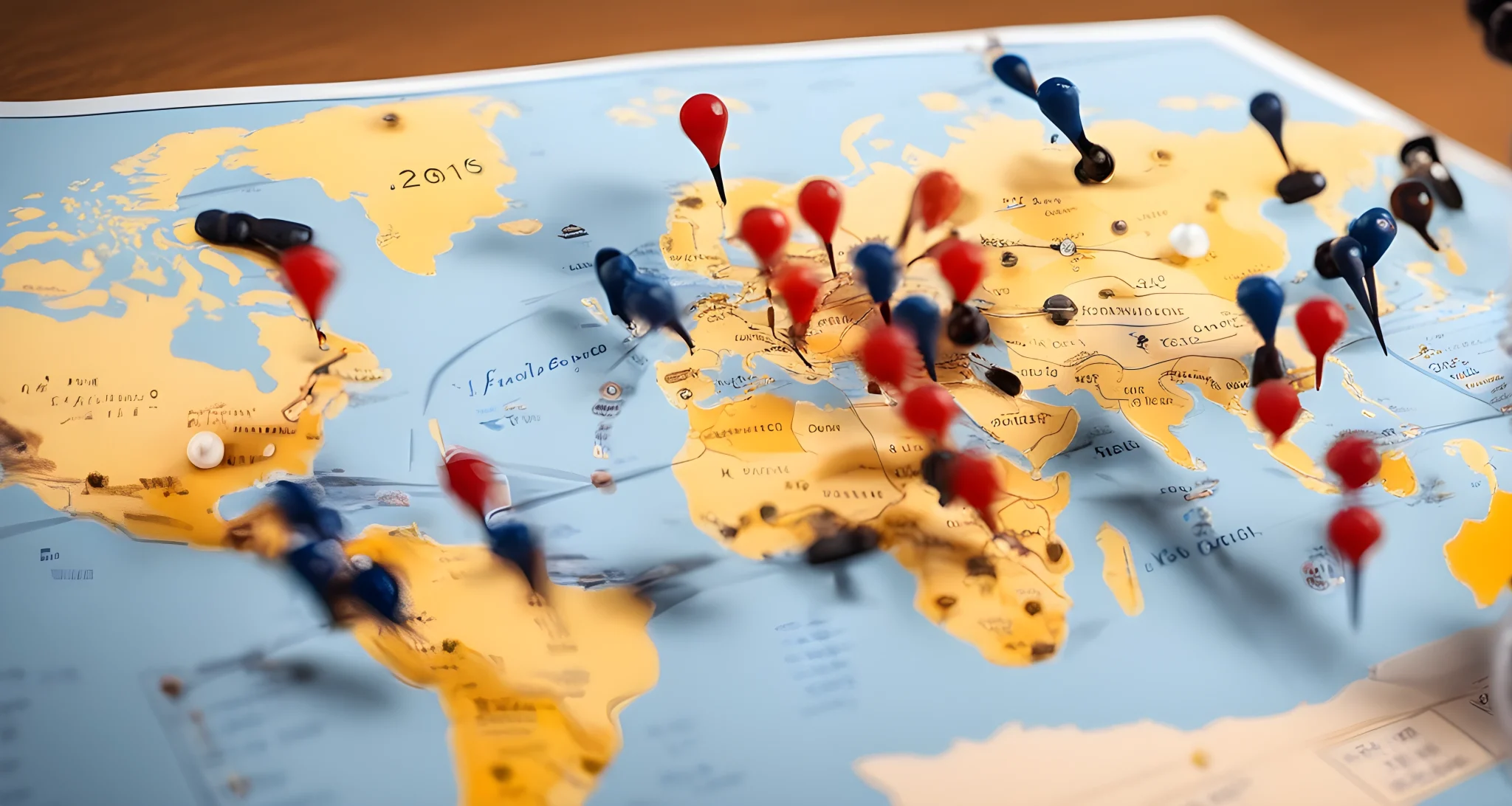 The image shows a world map with pins marking different destinations and a calendar with dates marked for a long-term trip.