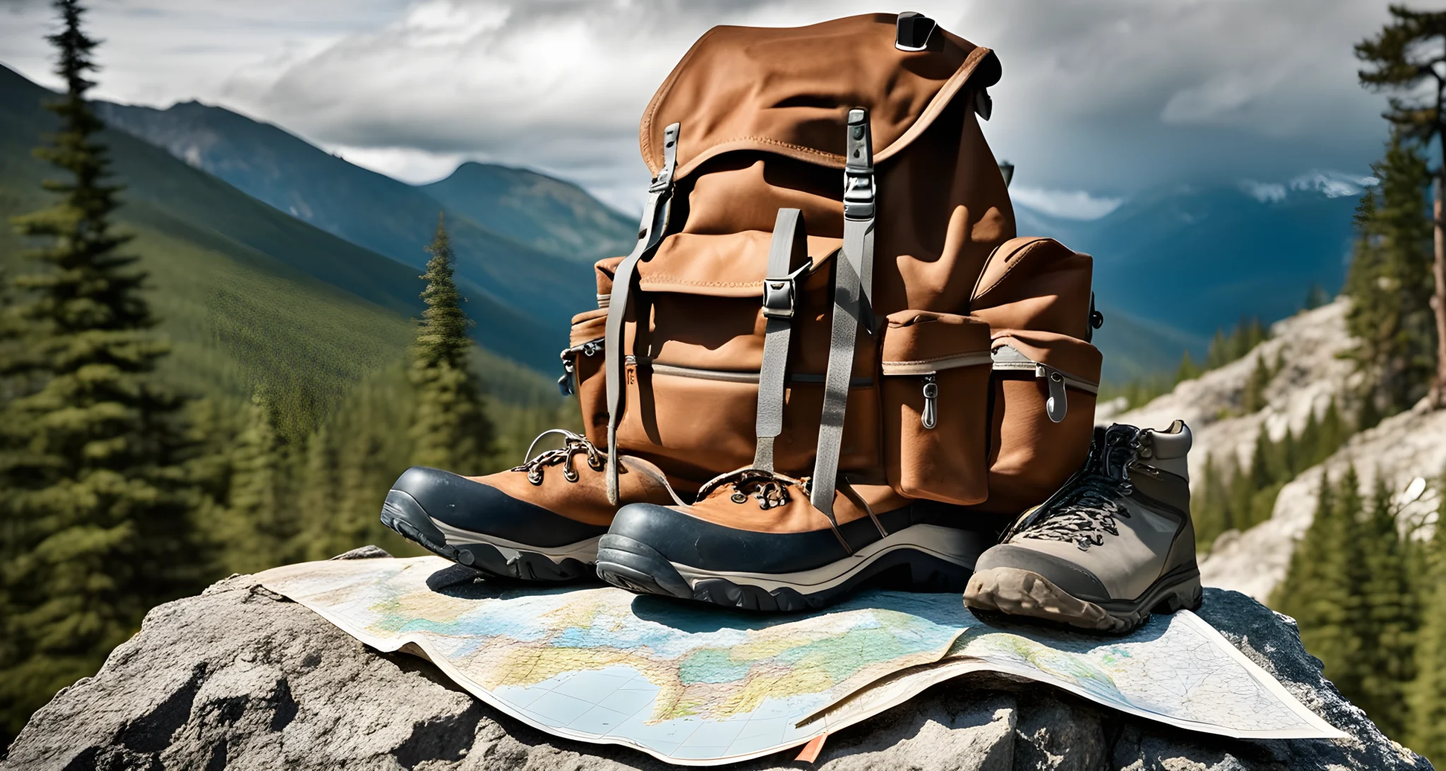 The image shows a worn-out backpack, a map, and a pair of hiking boots lying on a rocky trail.